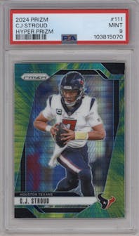 C.J. Stroud from the 2024 Panini Prizm set featuring a Hyper parallel graded by PSA and given an overall grade of 9.