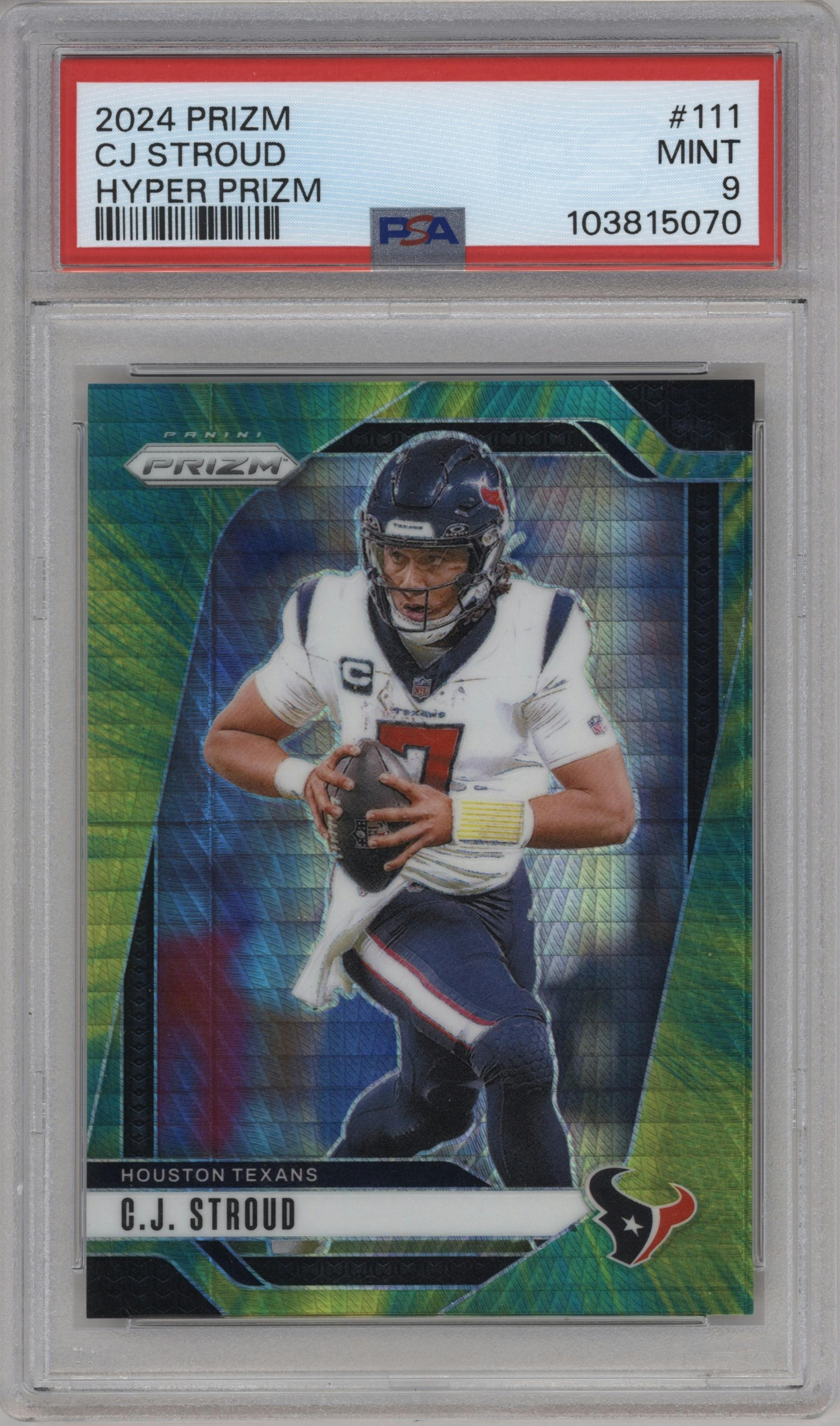 C.J. Stroud from the 2024 Panini Prizm set featuring a Hyper parallel graded by PSA and given an overall grade of 9.