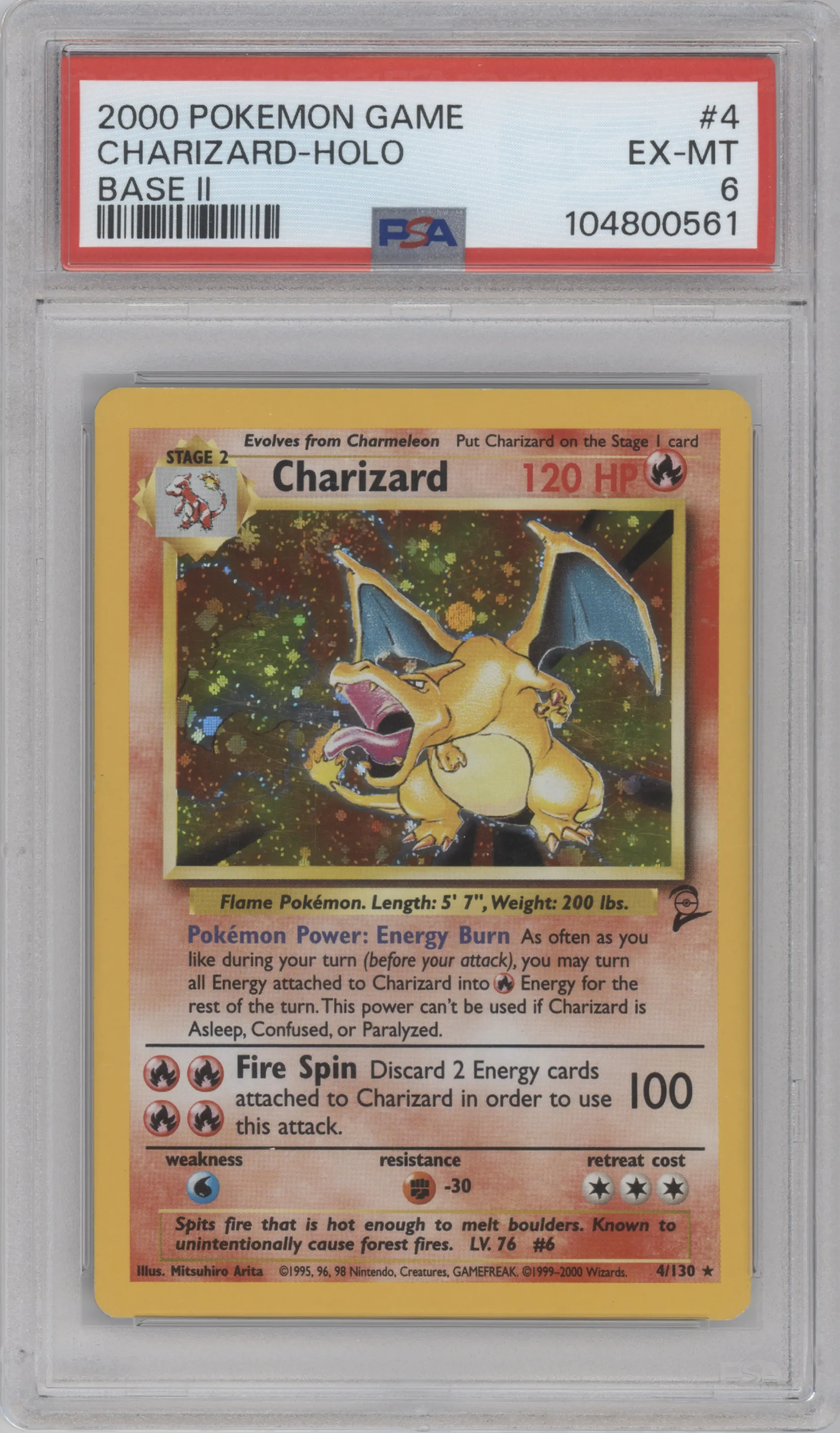 Charizard from the 2000 Pokemon set graded by PSA and given an overall grade of 6.