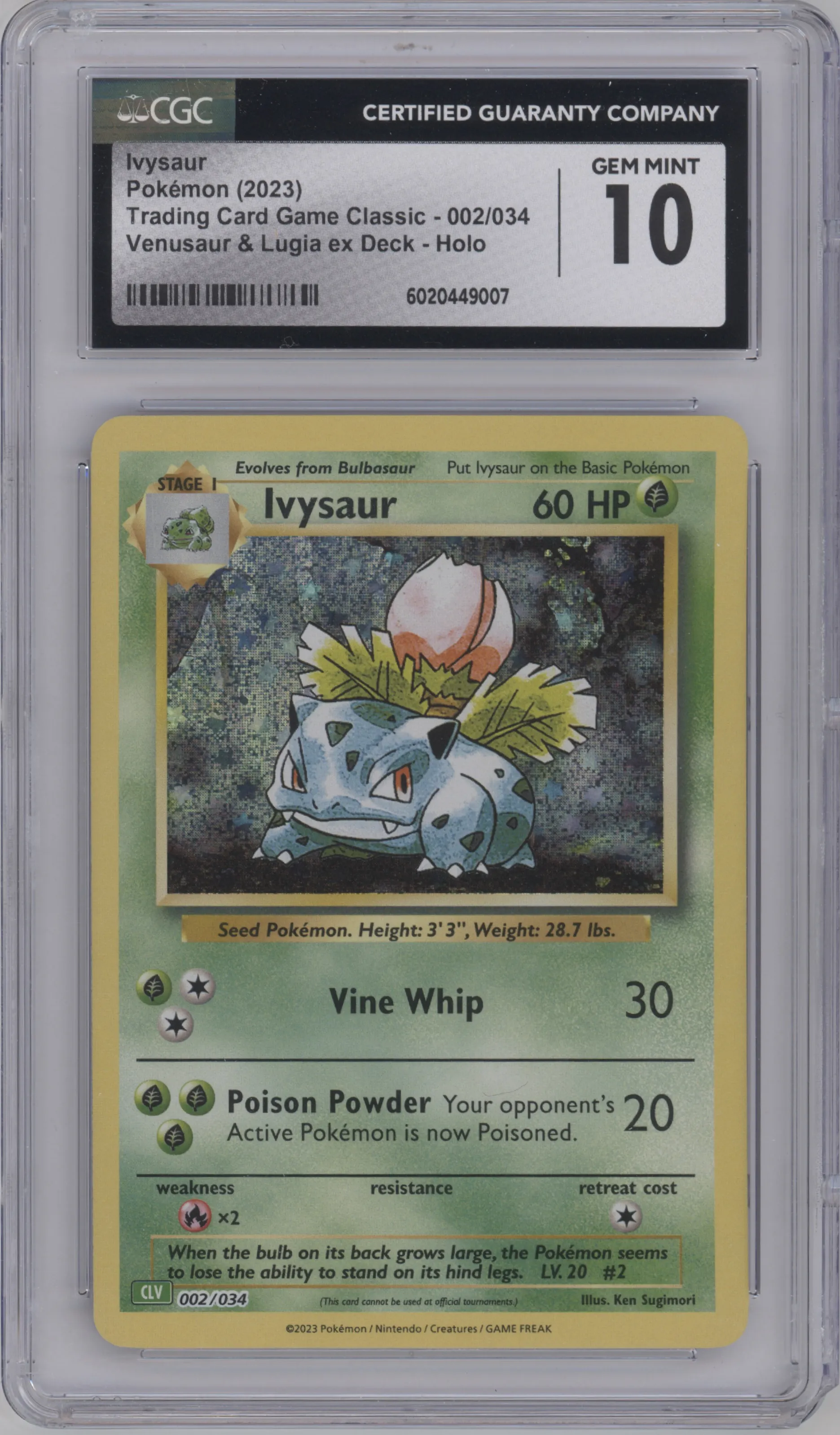 Ivysaur from the 2023 Pokemon CLV set graded by CSG and given an overall grade of 10.
