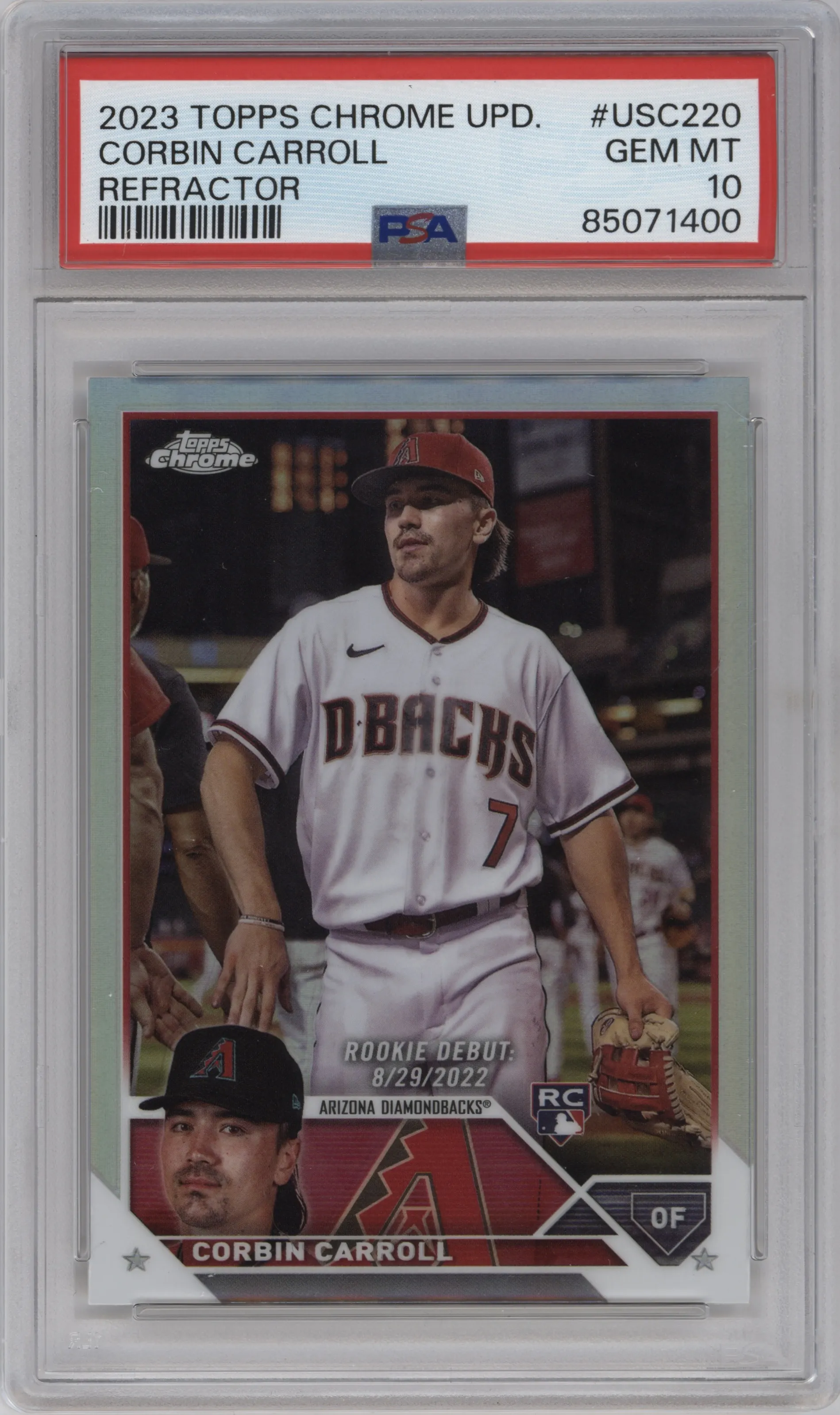 Corbin Carroll from the 2023 Topps Chrome Update set featuring a Refractor parallel graded by PSA and given an overall grade of 10.