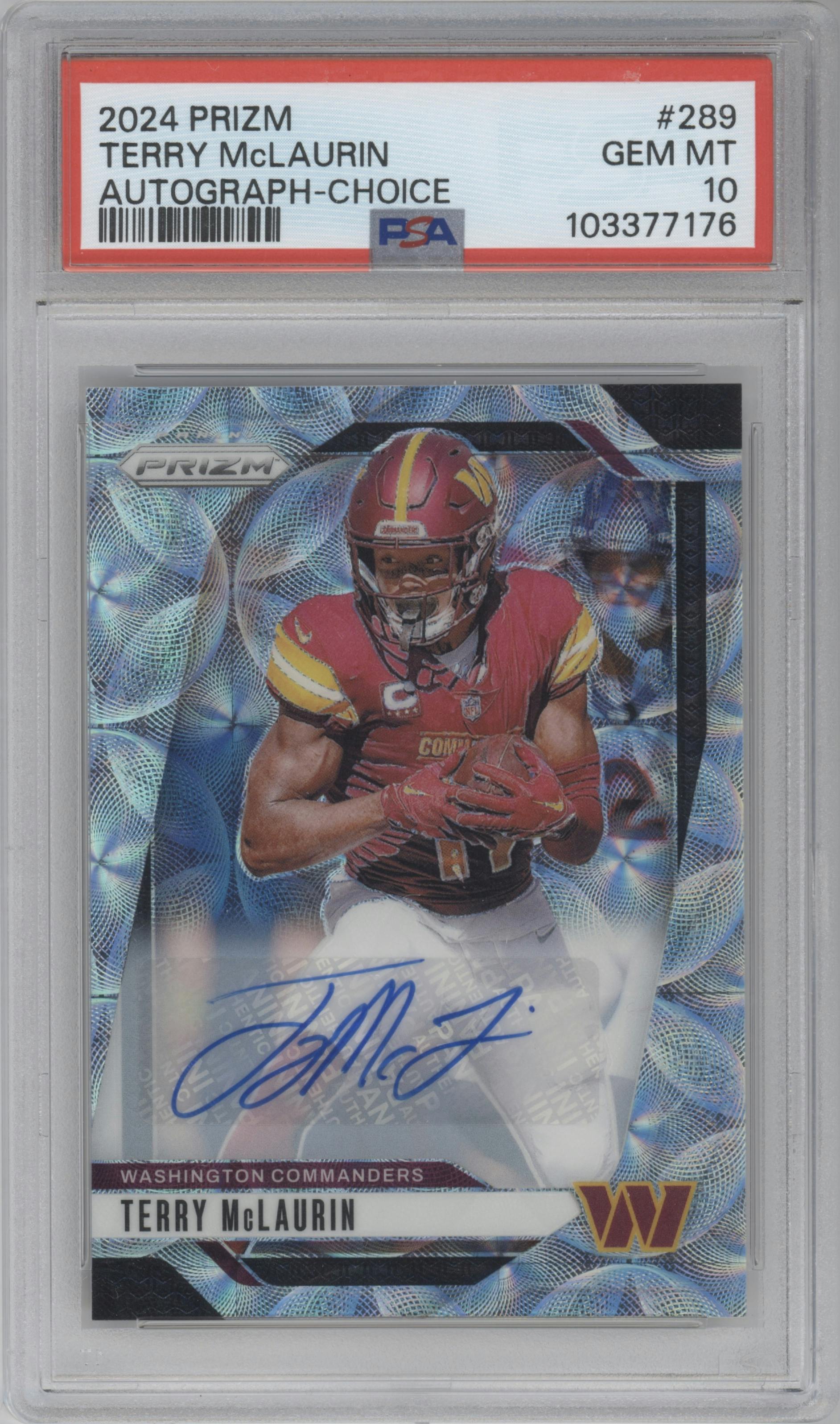 Terry McLaurin from the 2024 Panini Prizm set featuring a Choice parallel graded by PSA and given an overall grade of 10.