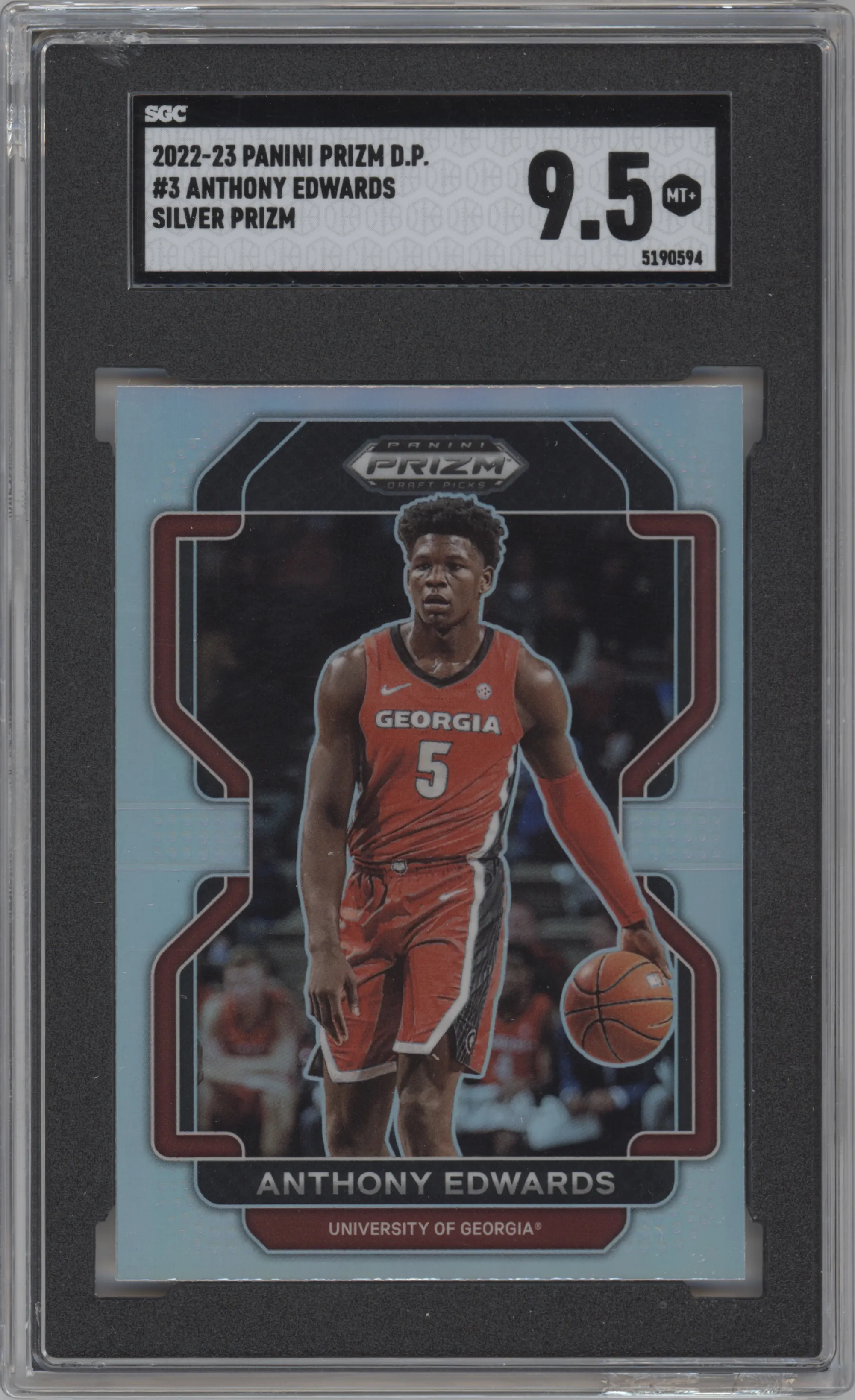 Anthony Edwards from the 2022-23 Panini Prizm Draft Picks set featuring a Silver Prizm parallel graded by SGC and given an overall grade of 9.5.