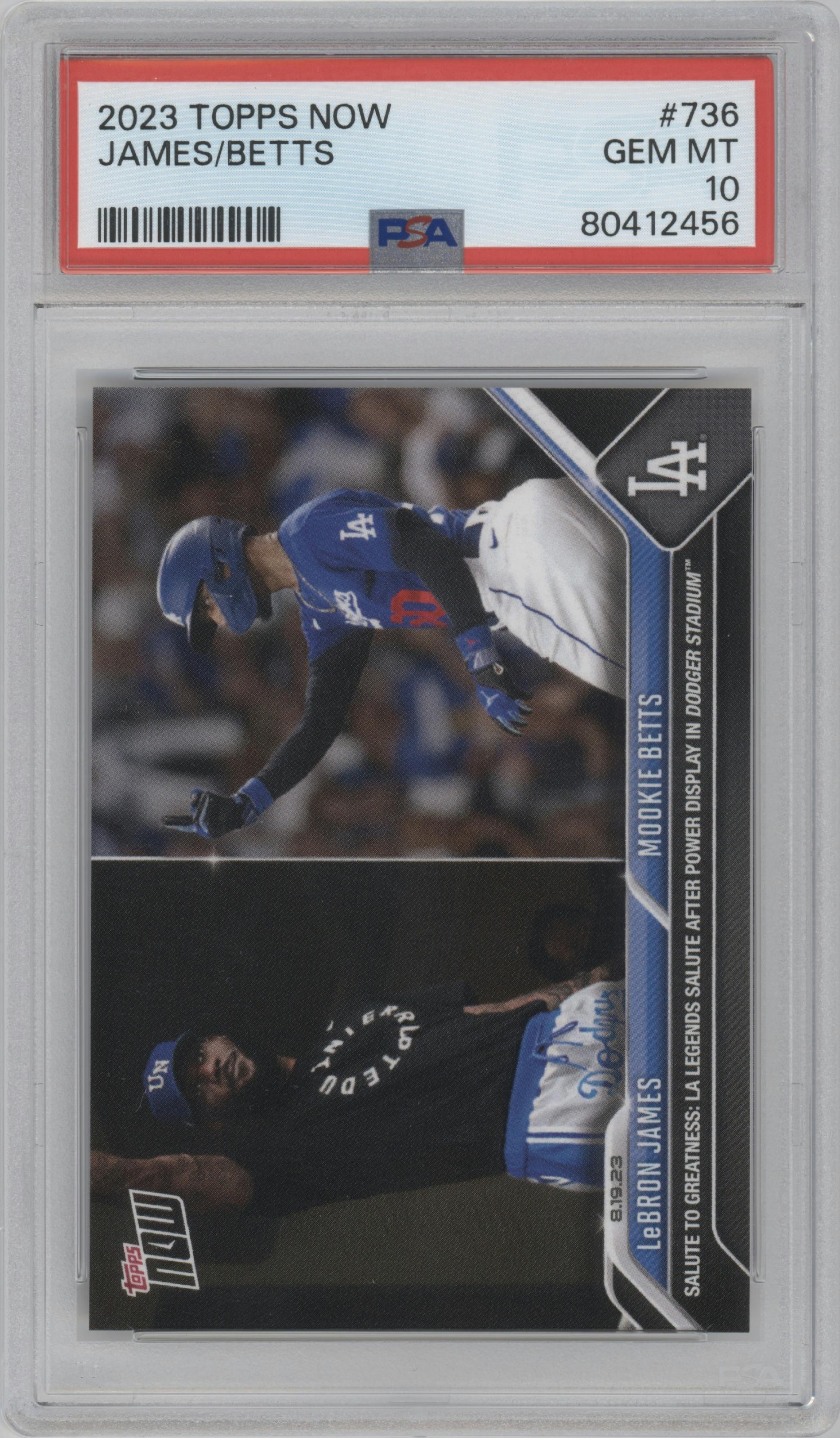 LeBron James/Mookie Betts from the 2023 Topps Now set graded by PSA and given an overall grade of 10.