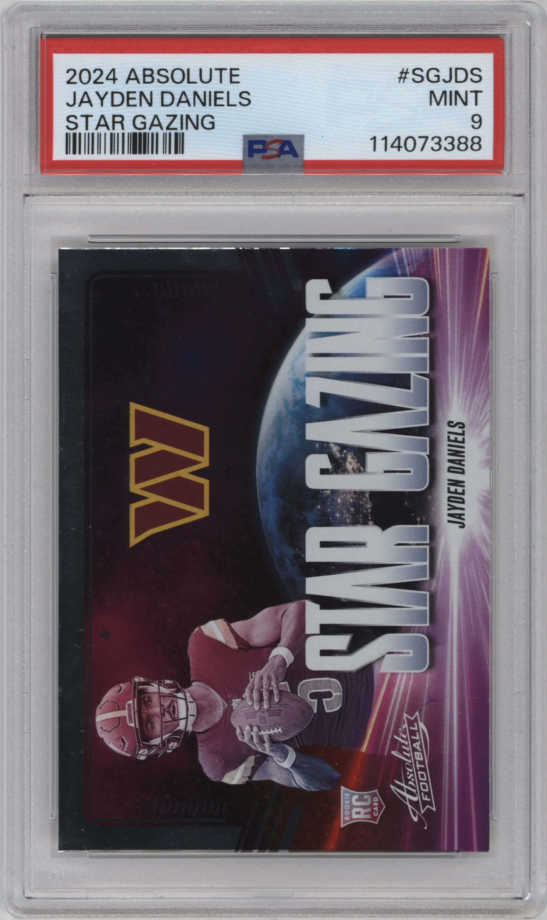 Jayden Daniels from the 2024 Panini Absolute set graded by PSA and given an overall grade of 9.