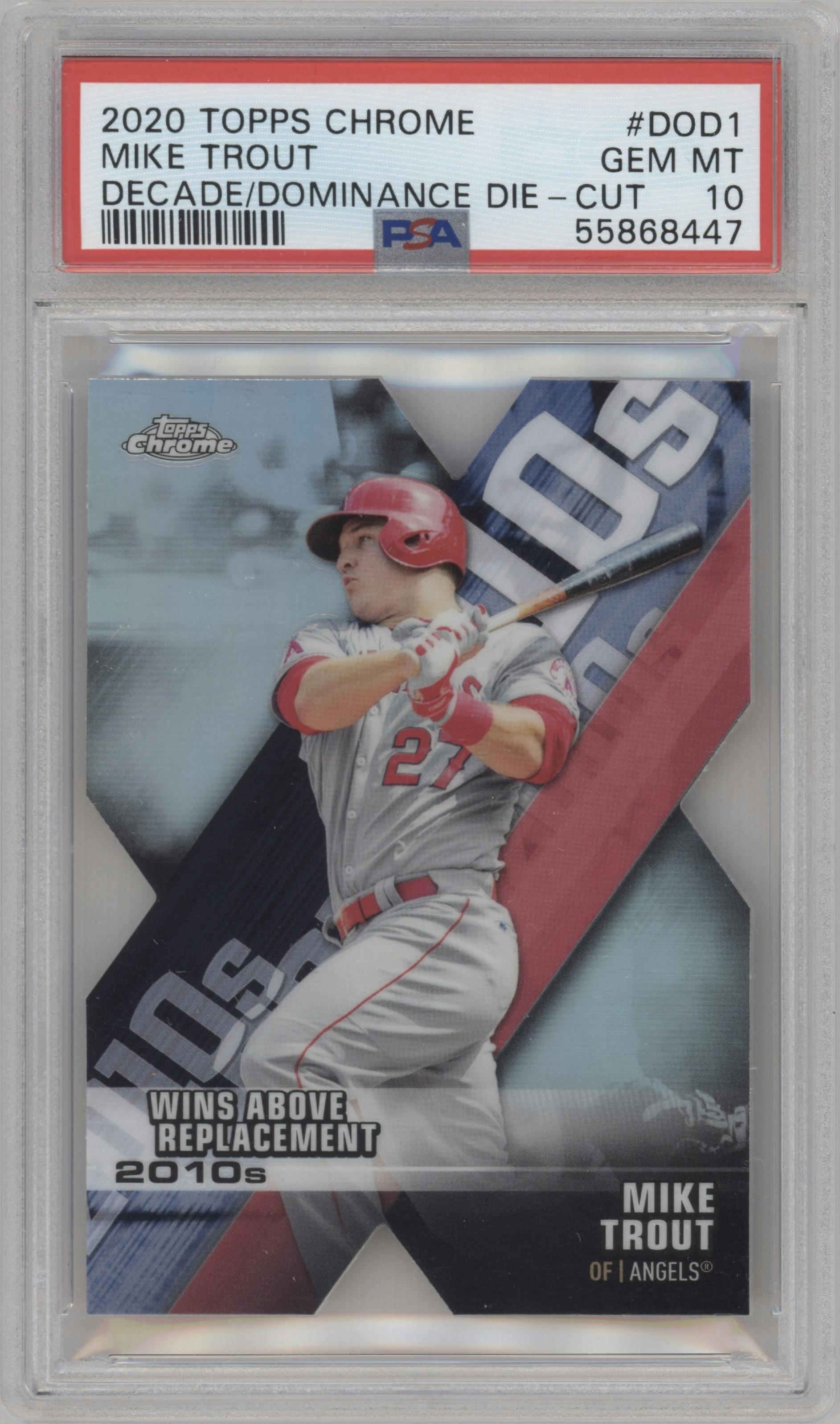 Mike Trout from the 2020 Topps Chrome set graded by PSA and given an overall grade of 10.