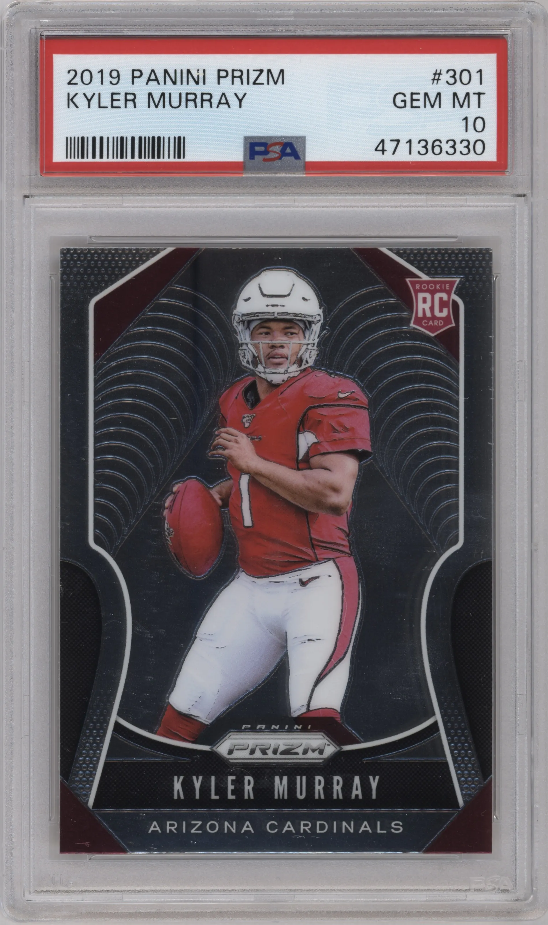 Kyler Murray from the 2019 Panini Prizm set graded by PSA and given an overall grade of 10.