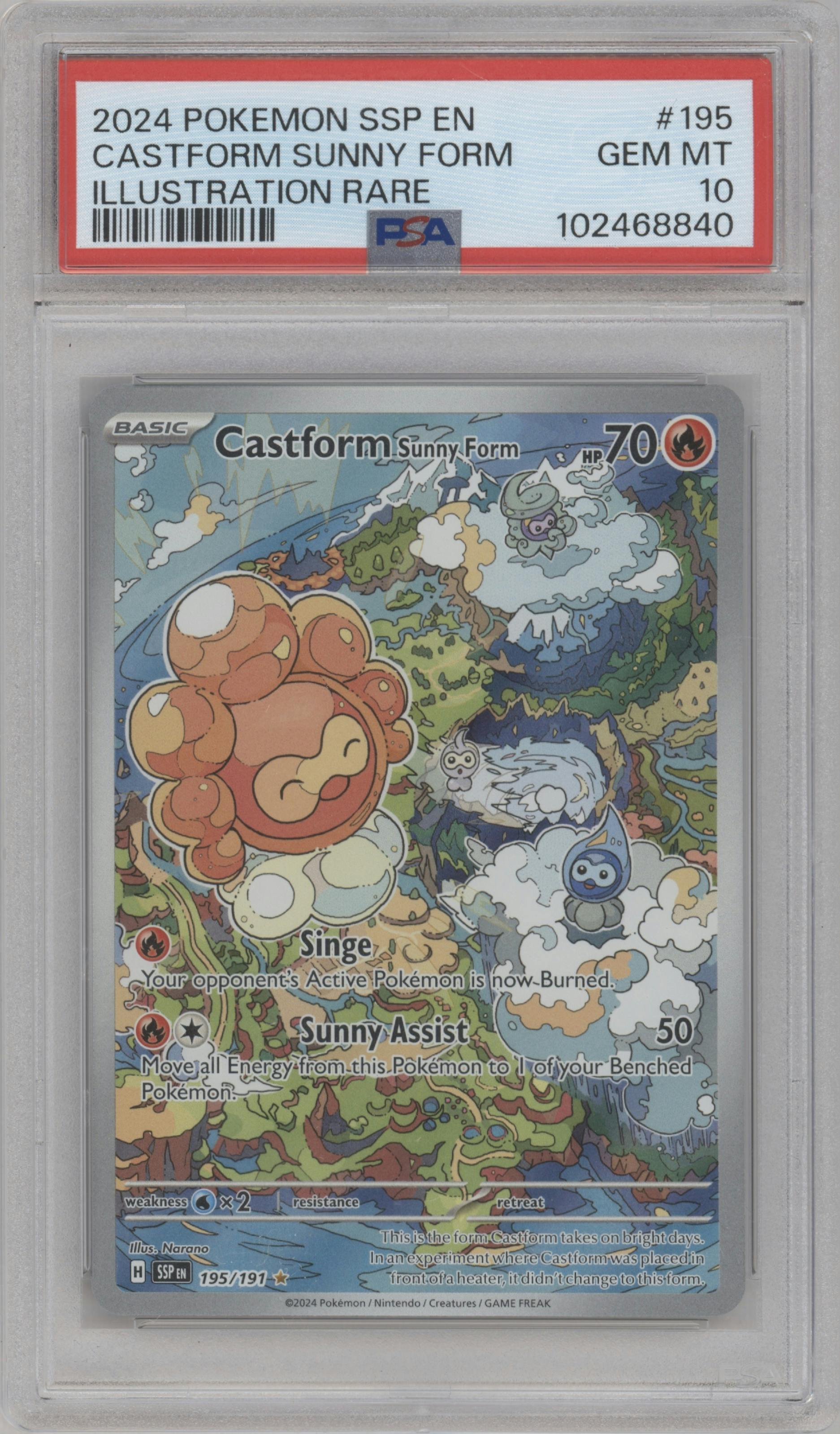 Castform Sunny Form from the 2024 Pokemon SV set graded by PSA and given an overall grade of 10.