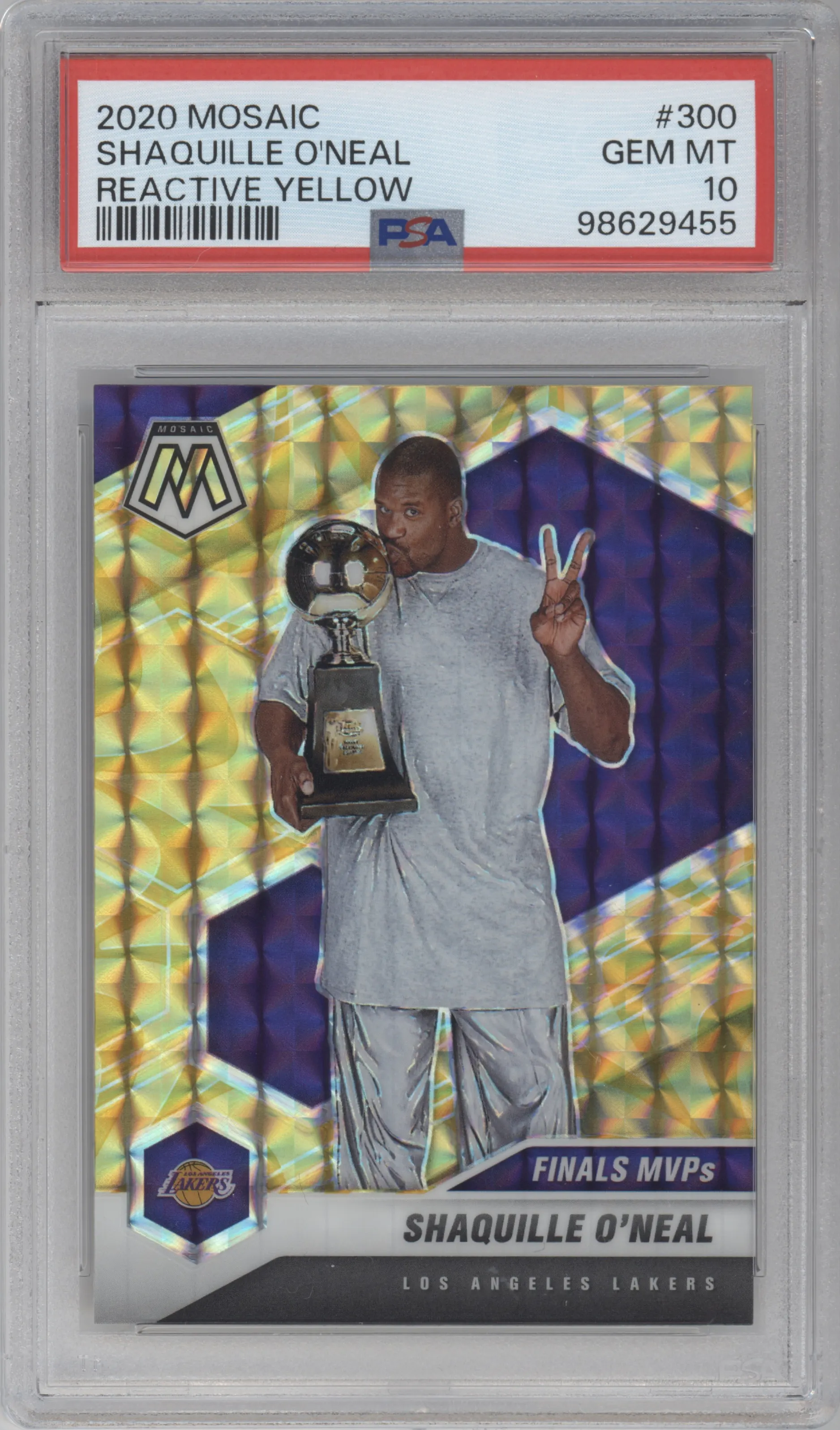 Shaquille O'Neal from the 2020-21 Panini Mosaic set featuring a Reactive Yellow parallel graded by PSA and given an overall grade of 10.