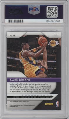Kobe Bryant from the 2018-19 Panini Prizm set featuring a Red White Blue Prizm parallel graded by PSA and given an overall grade of 10.