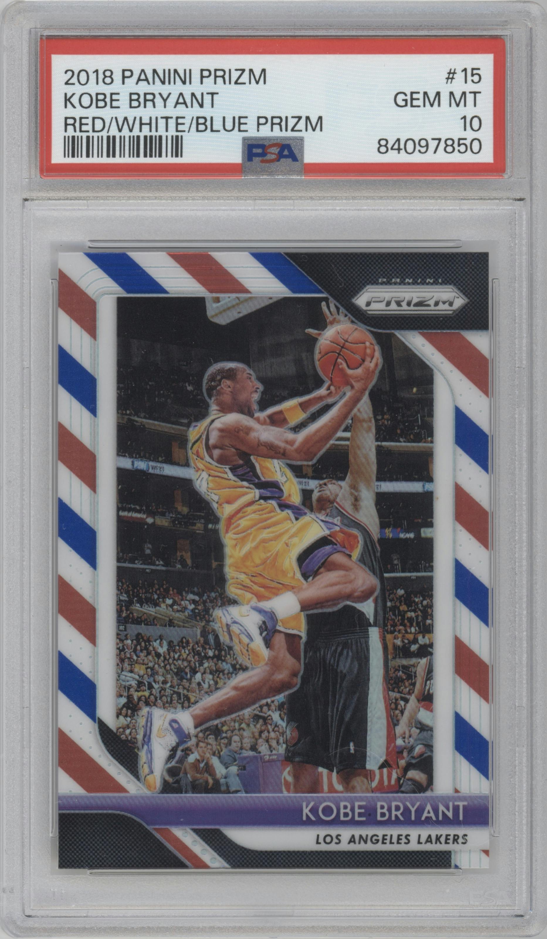 Kobe Bryant from the 2018-19 Panini Prizm set featuring a Red White Blue Prizm parallel graded by PSA and given an overall grade of 10.