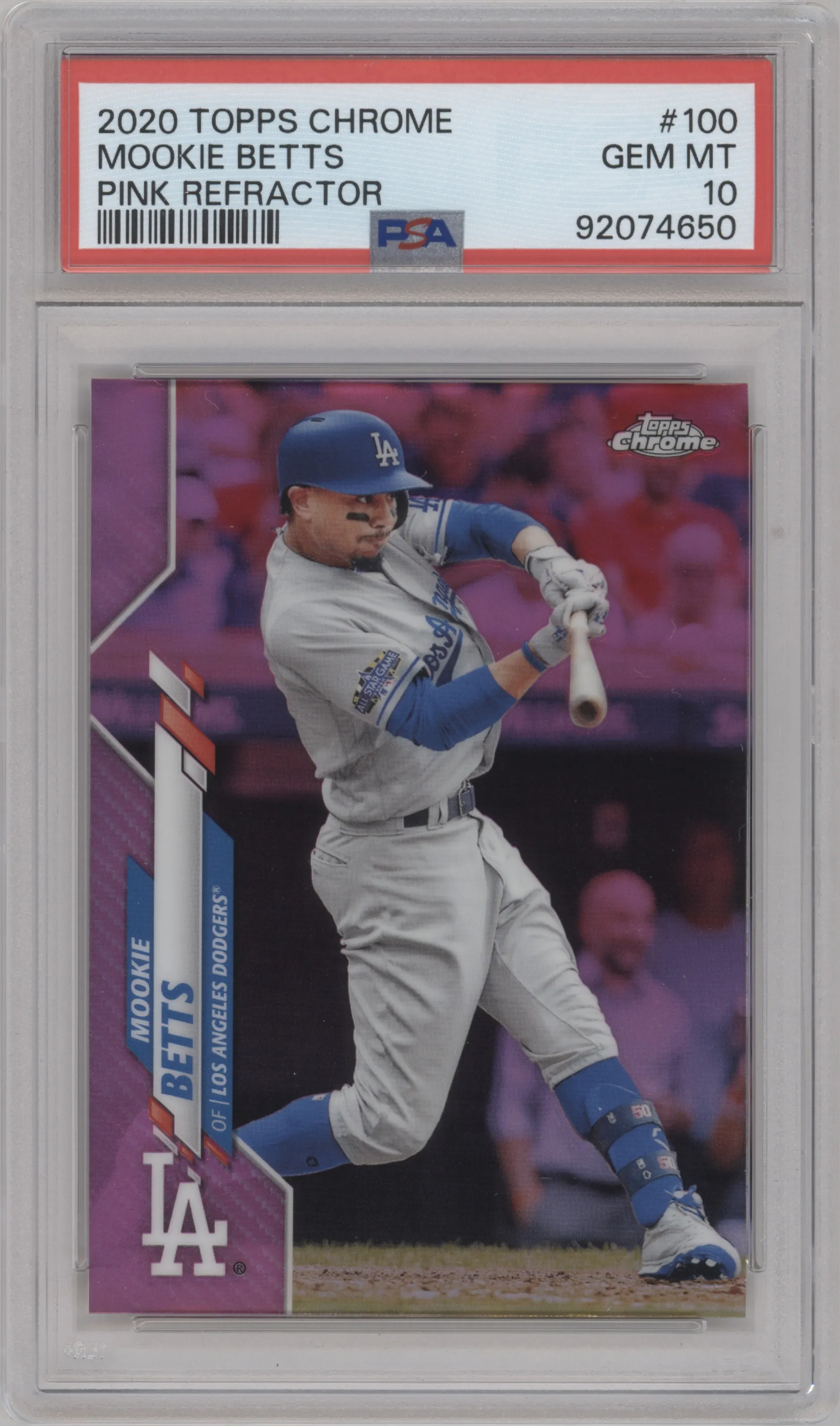 Mookie Betts from the 2020 Topps Chrome set featuring a Pink Refractor parallel graded by PSA and given an overall grade of 10.