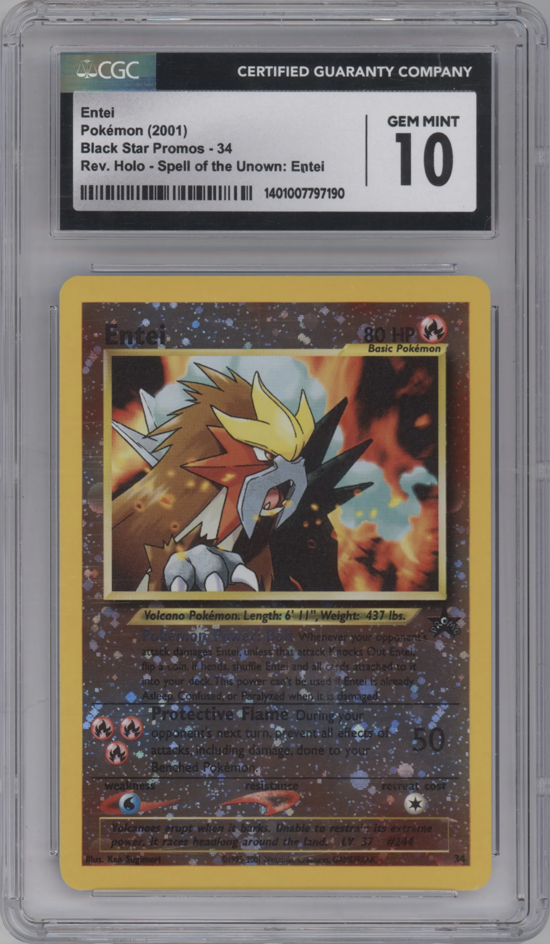 Entei from the 2001 Pokemon Neo Genesis set featuring a Spell of the Unown: Entei parallel graded by CSG and given an overall grade of 10.