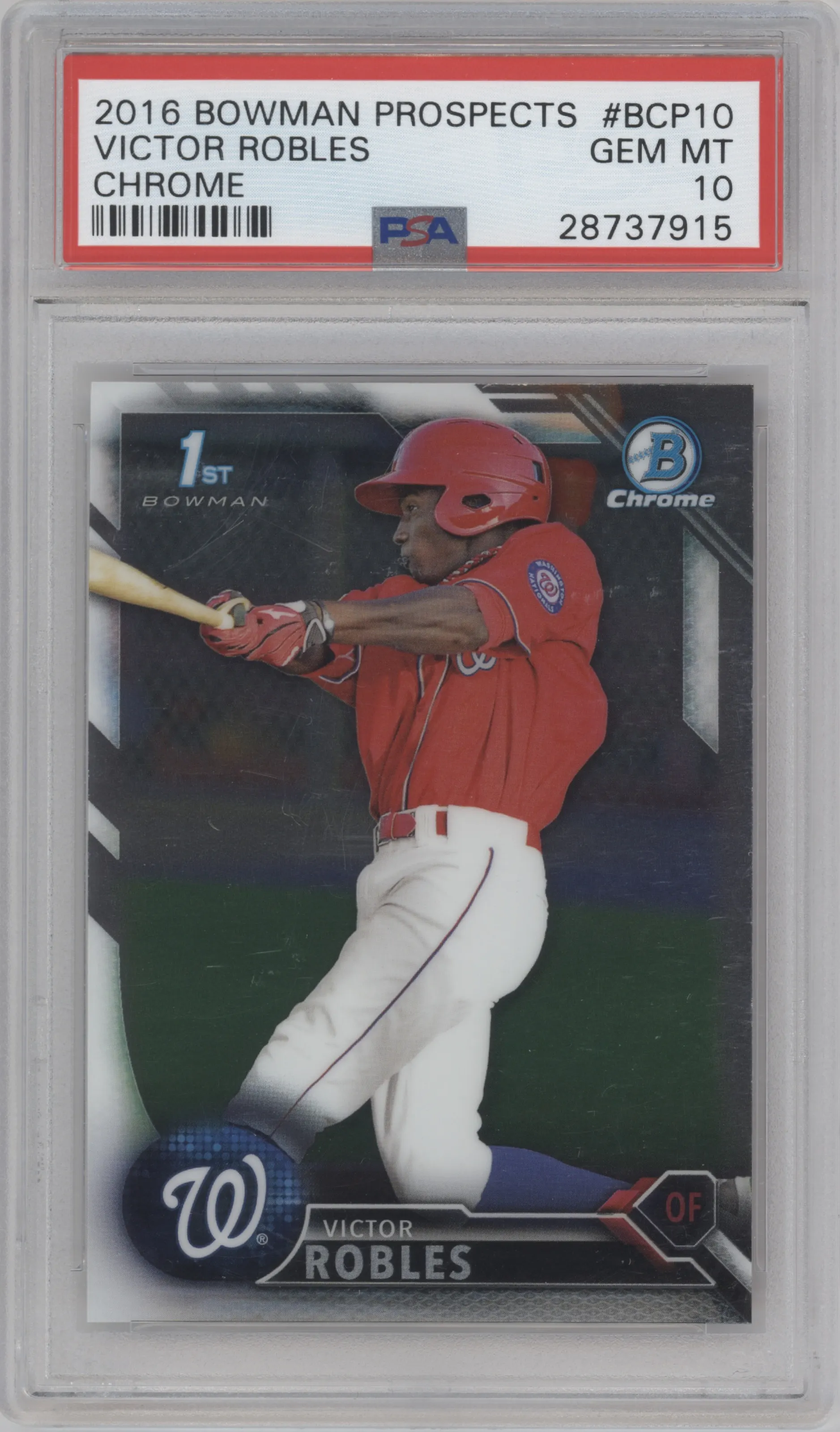 Victor Robles from the 2016 Bowman set graded by PSA and given an overall grade of 10.