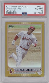Shohei Ohtani from the 2022 Topps Update  set featuring a Gold Foil parallel graded by PSA and given an overall grade of 10.