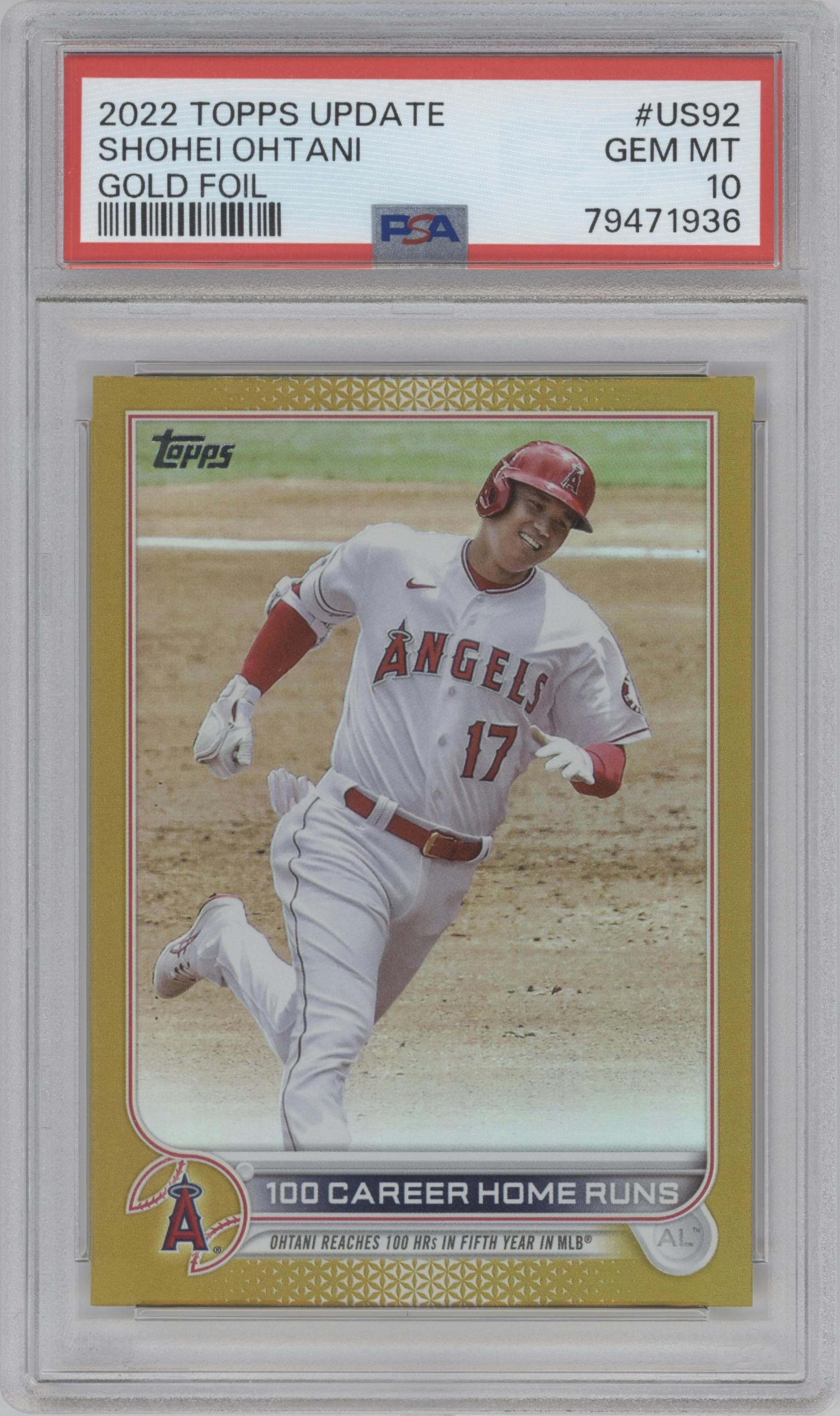 Shohei Ohtani from the 2022 Topps Update  set featuring a Gold Foil parallel graded by PSA and given an overall grade of 10.