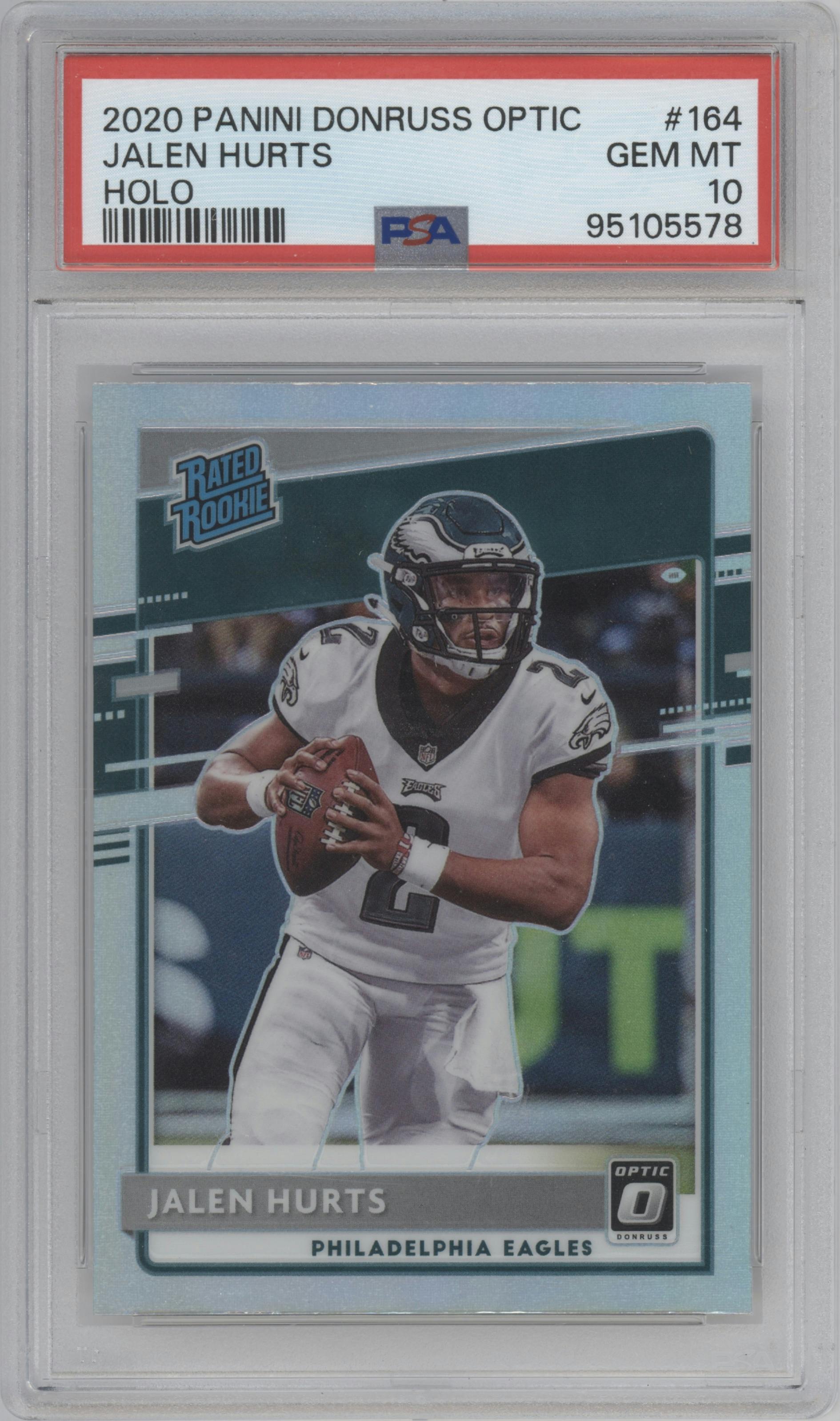 Jalen Hurts from the 2020 Panini Donruss Optic set featuring a Holo parallel graded by PSA and given an overall grade of 10.