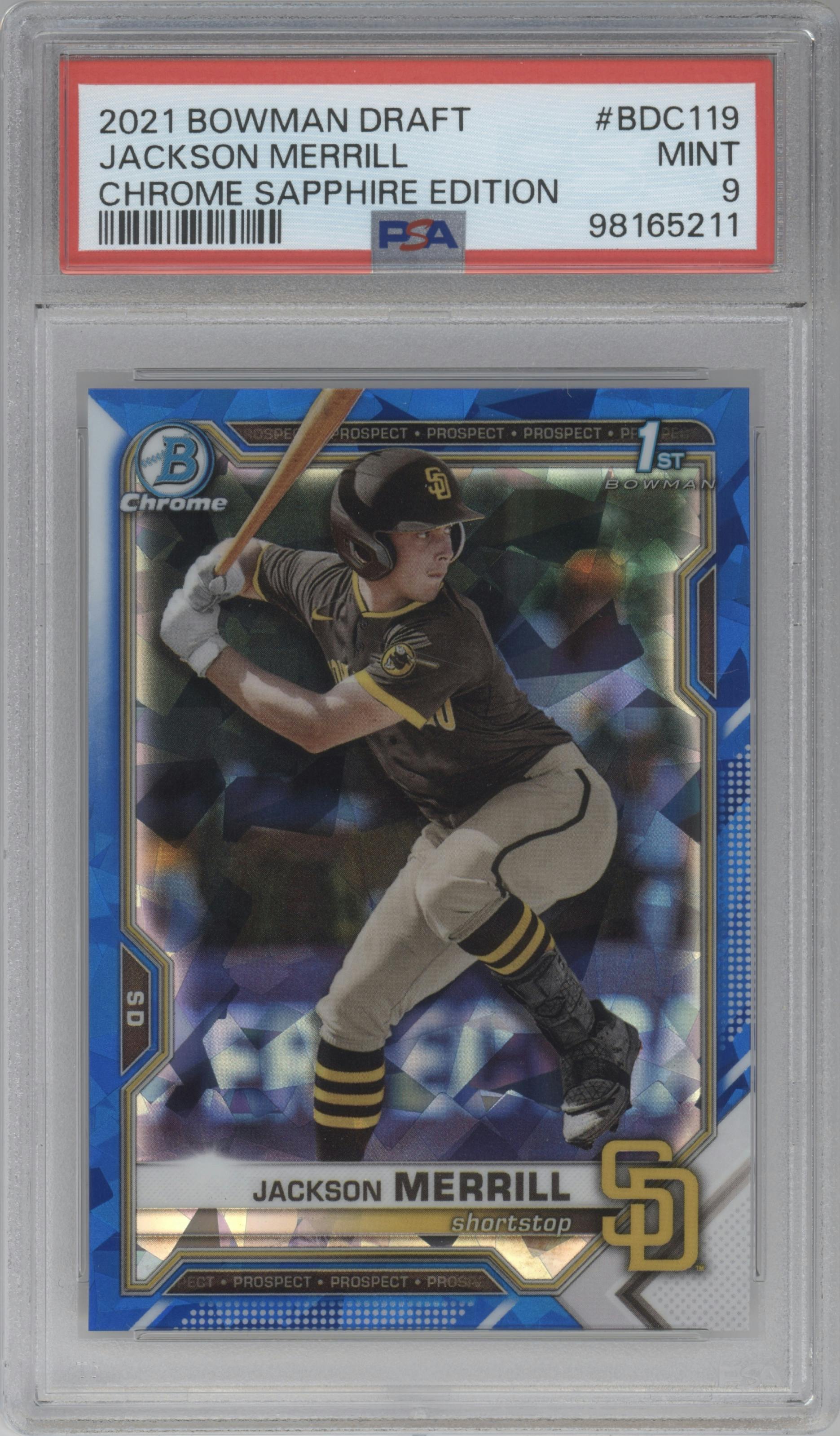 Jackson Merrill from the 2021 Bowman Draft Sapphire Edition set graded by PSA and given an overall grade of 9.