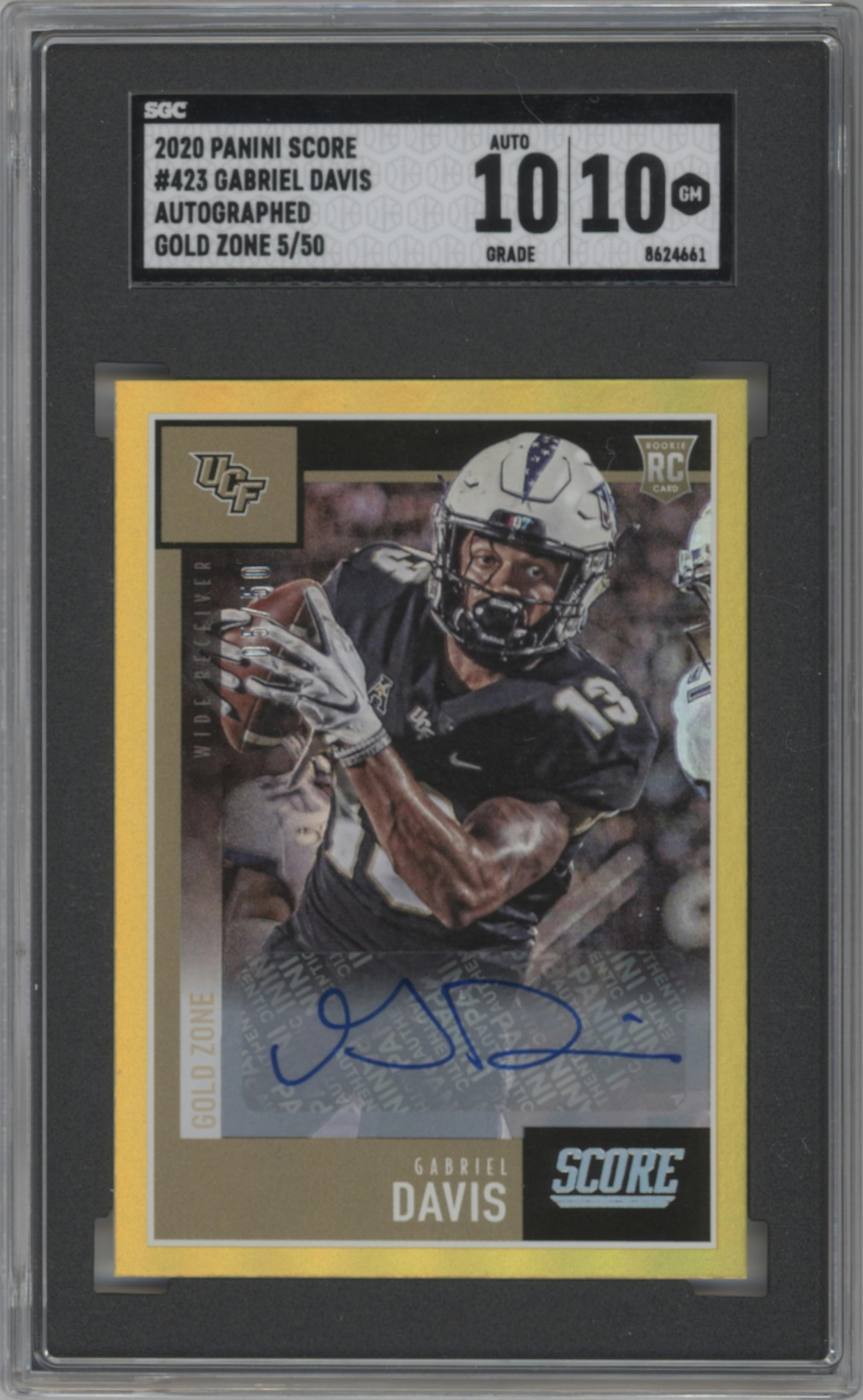 Gabriel Davis from the 2020 Panini Score set featuring a Gold Zone parallel graded by SGC and given an overall grade of 10.