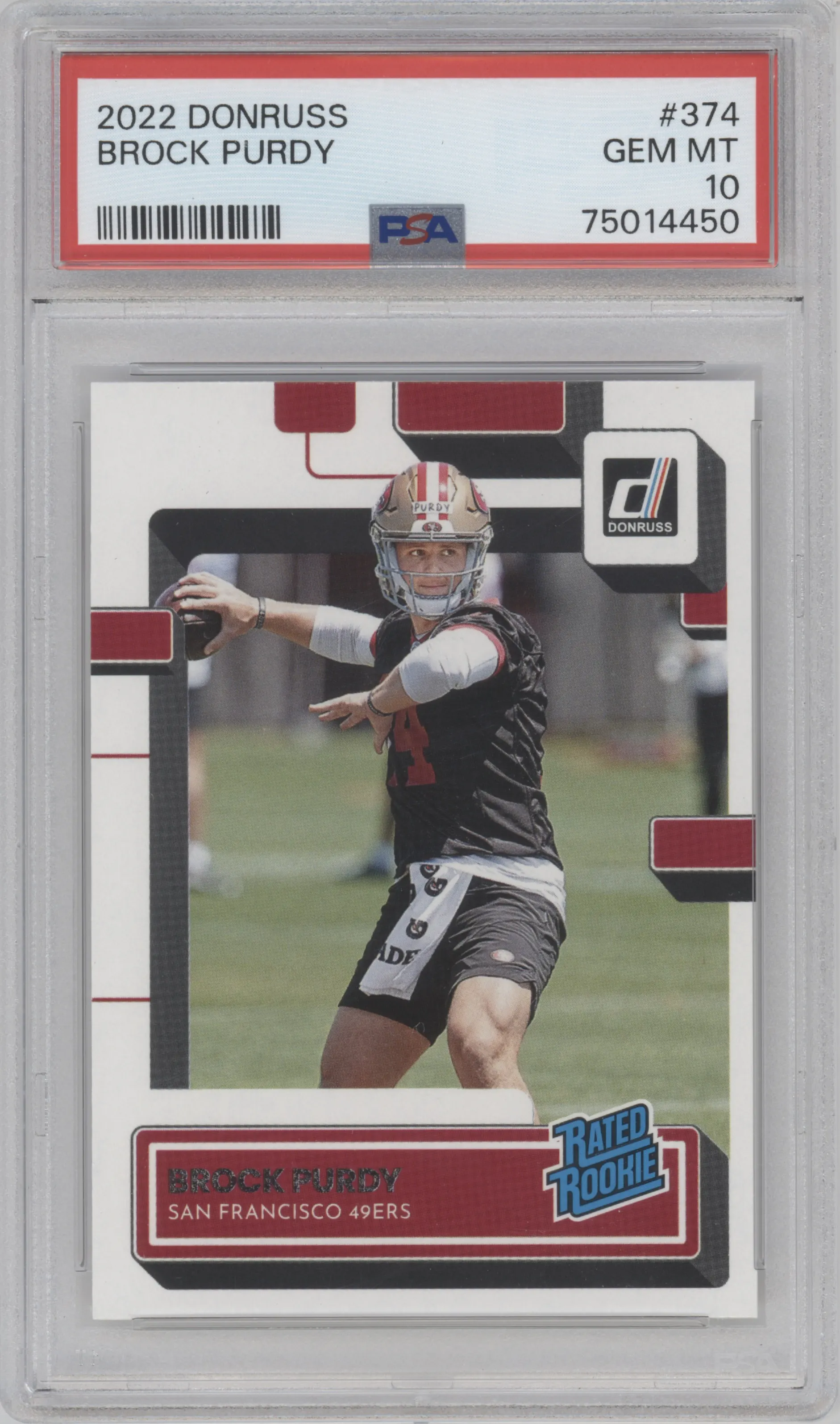 Brock Purdy from the 2022 Panini Donruss set graded by PSA and given an overall grade of 10.