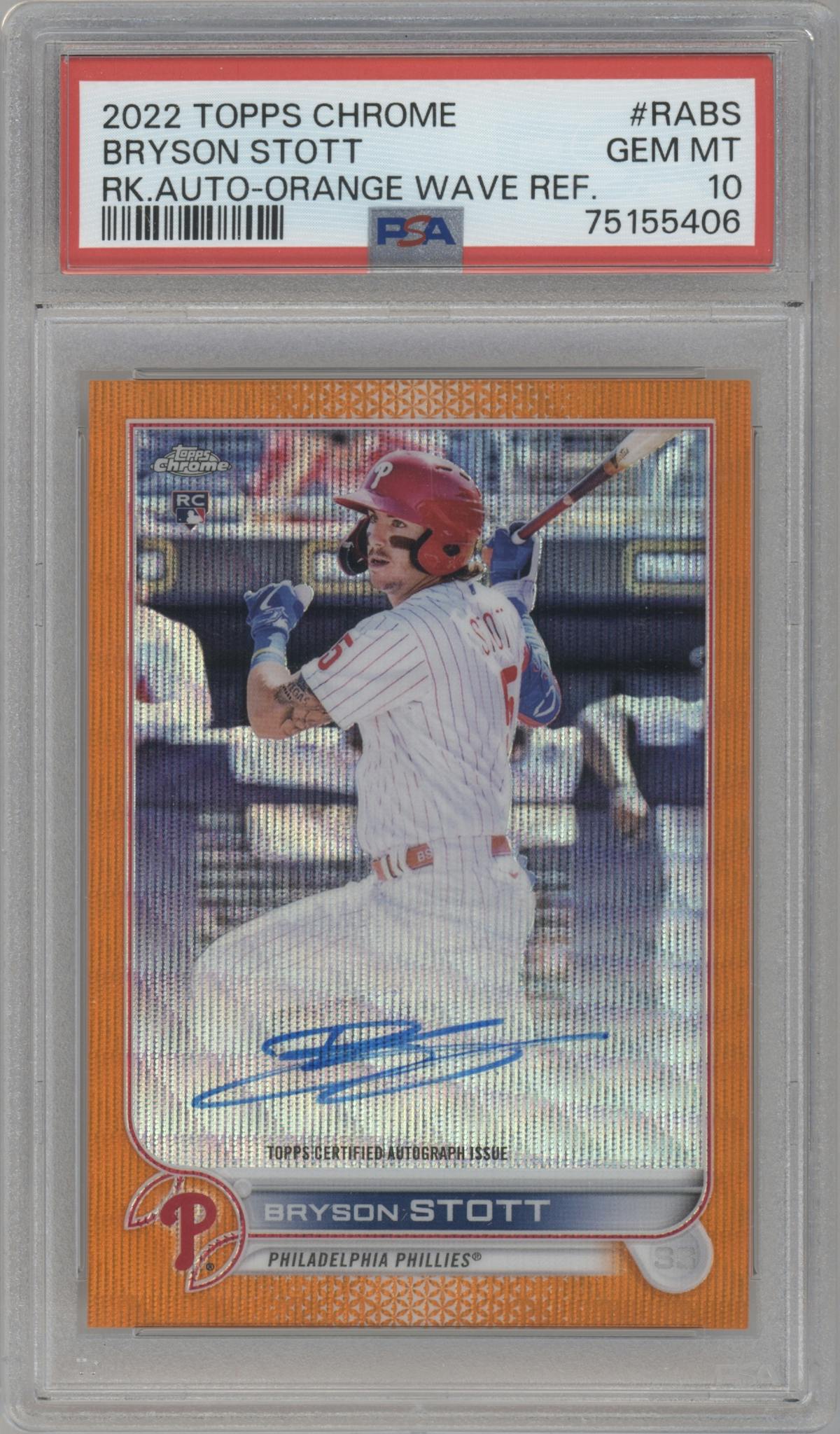 Bryson Stott from the 2022 Topps Chrome set featuring a Orange Wave Refractor parallel graded by PSA and given an overall grade of 10.