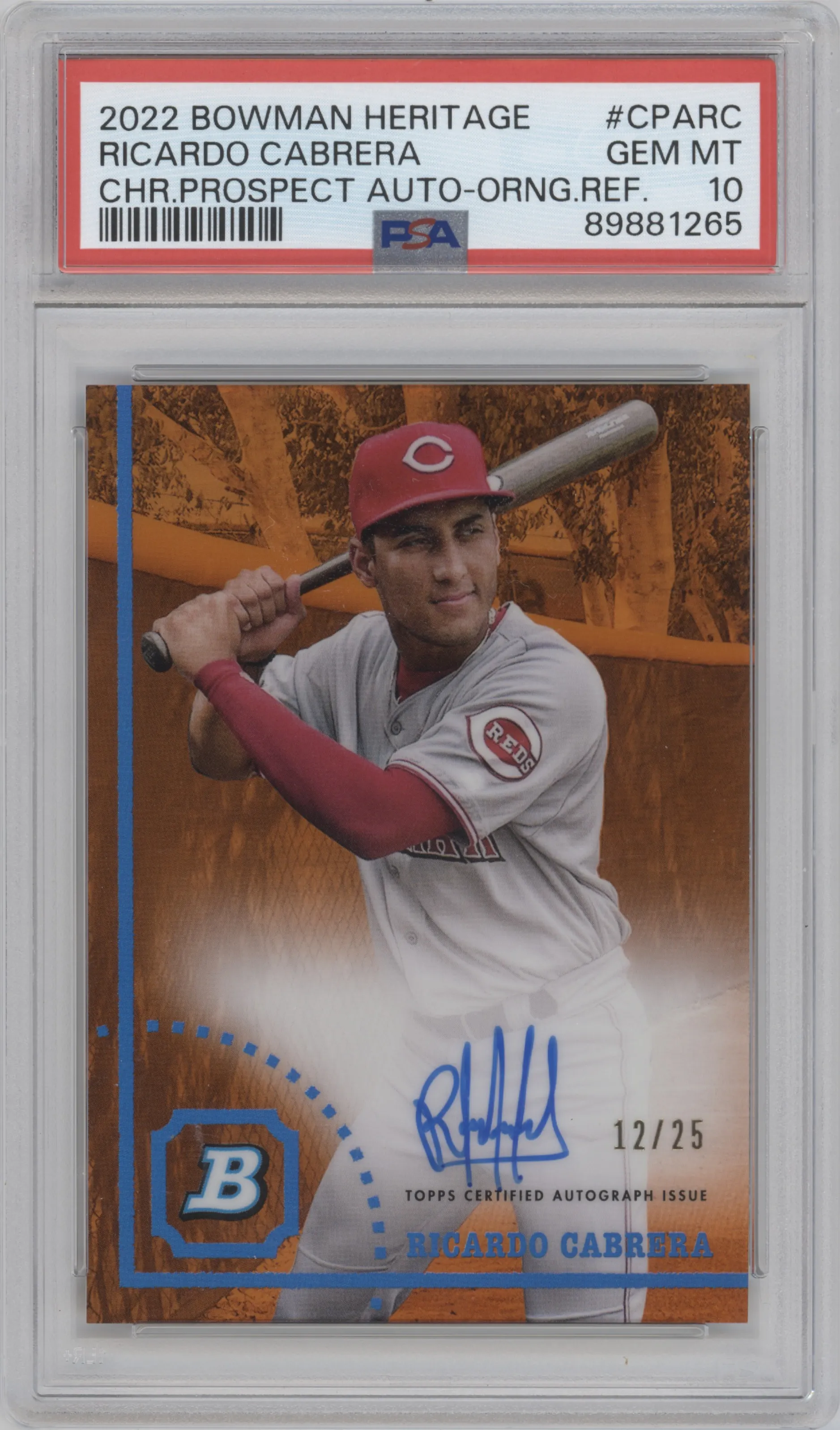 Ricardo Cabrera from the 2022 Bowman Heritage set featuring a Orange parallel graded by PSA and given an overall grade of 10.