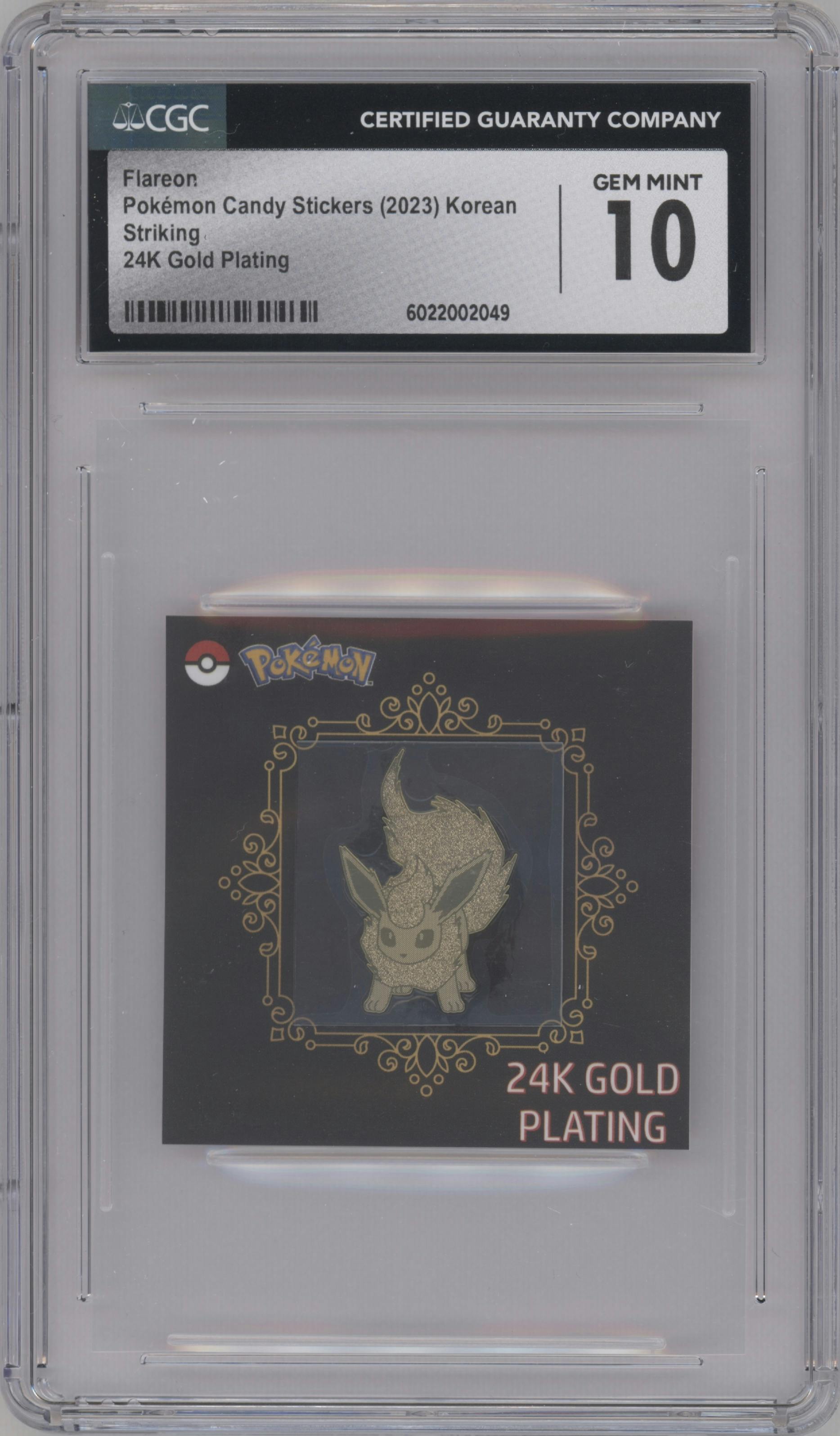 Flareon from the 2023 Pokemon Candy Stickers set graded by CSG and given an overall grade of 10.