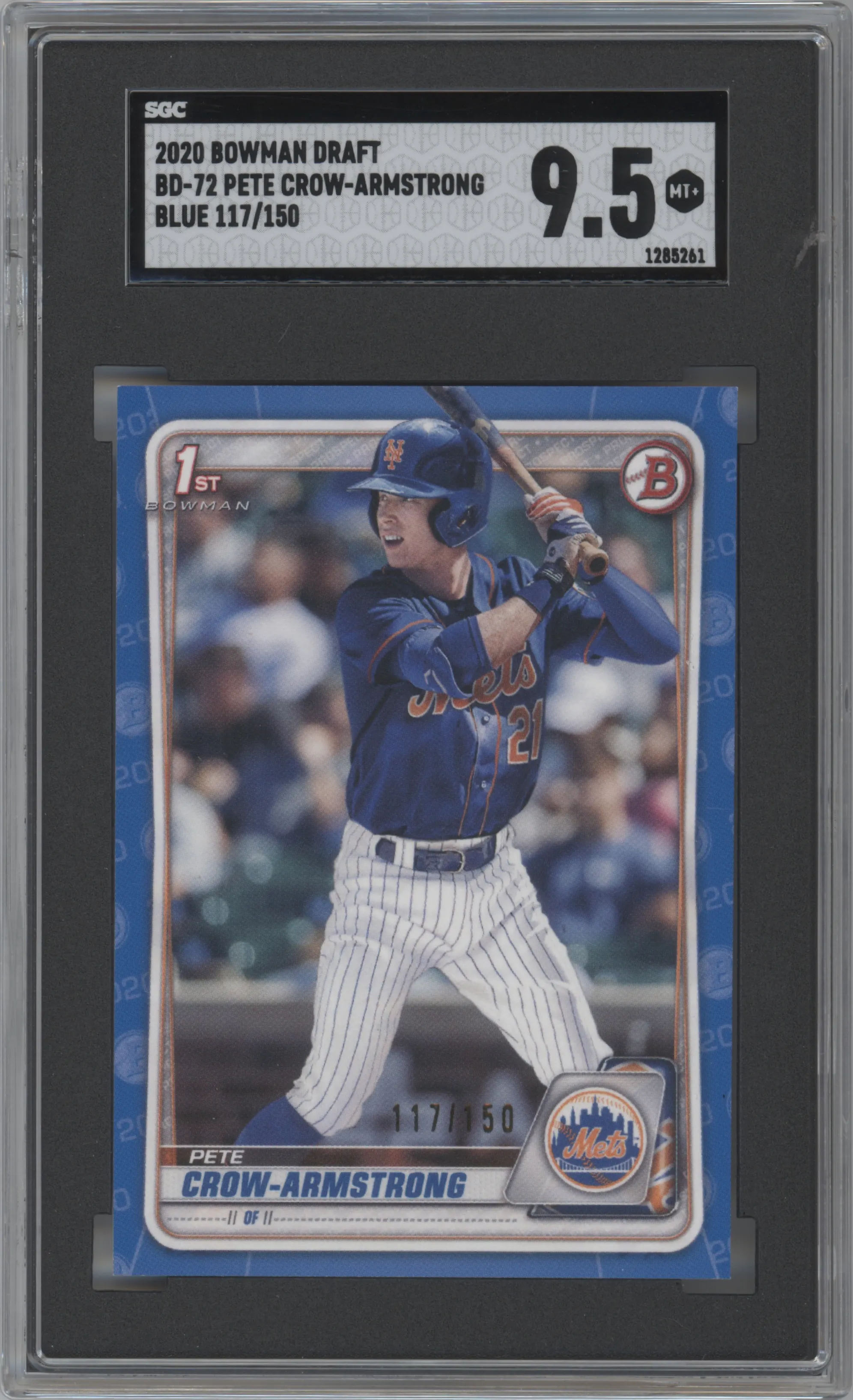 Pete Crow-Armstrong from the 2020 Bowman Draft set featuring a Blue Border parallel graded by SGC and given an overall grade of 9.5.