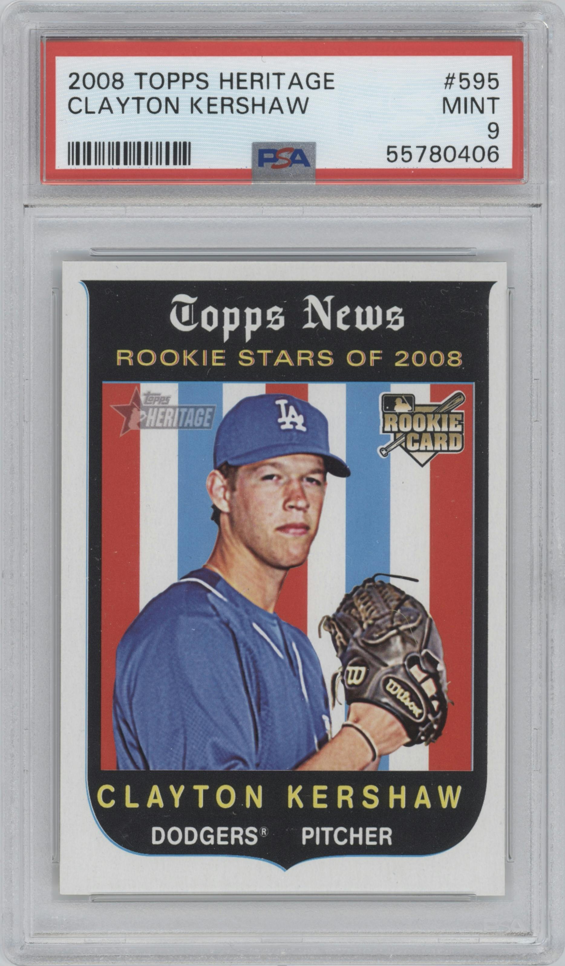 Clayton Kershaw from the 2008 Topps Heritage High Number set graded by PSA and given an overall grade of 9.