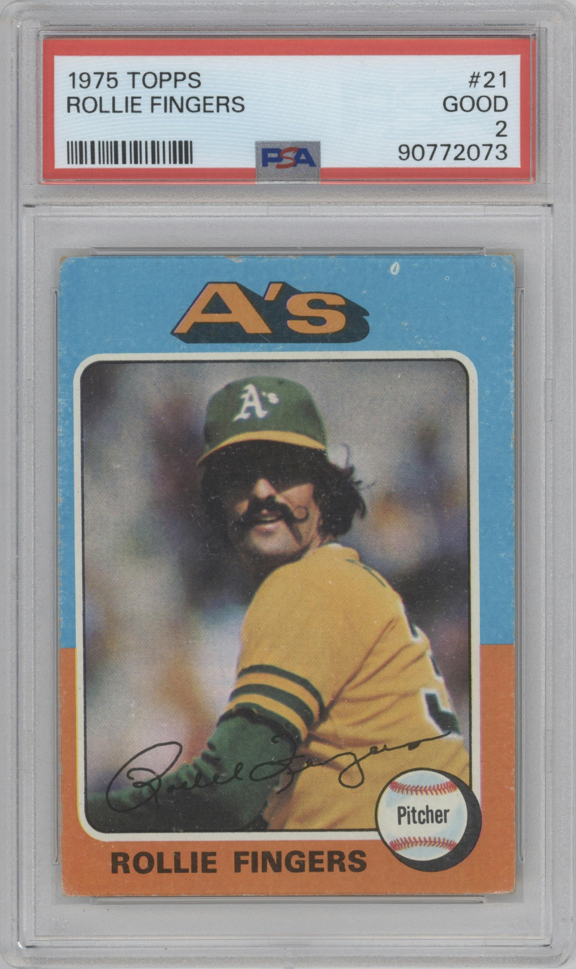 Rollie Fingers from the 1975 Topps set graded by PSA and given an overall grade of 2.