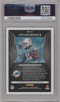 Jaylen Waddle from the 2022 Panini Illusions set featuring a Red parallel graded by PSA and given an overall grade of 10.