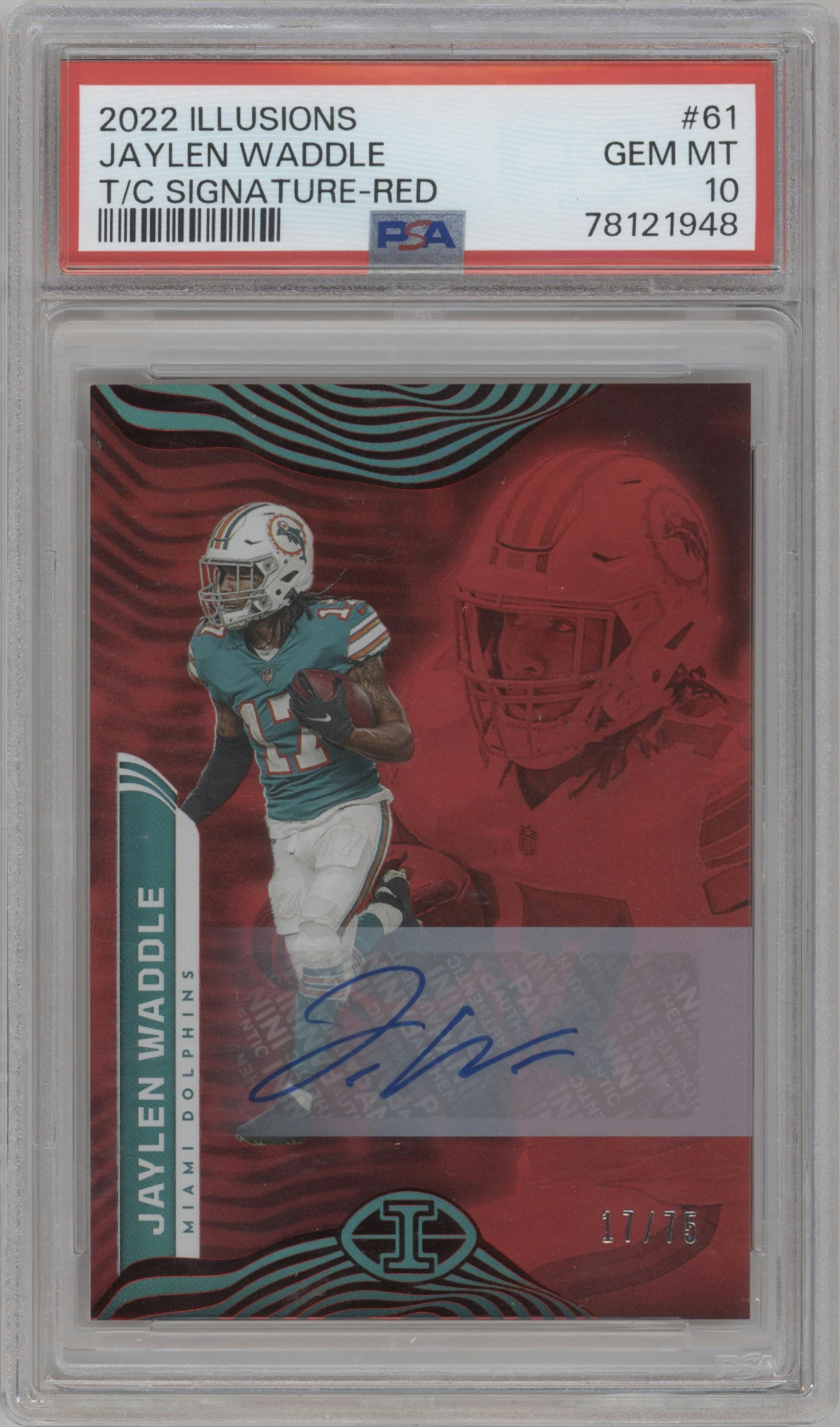 Jaylen Waddle from the 2022 Panini Illusions set featuring a Red parallel graded by PSA and given an overall grade of 10.