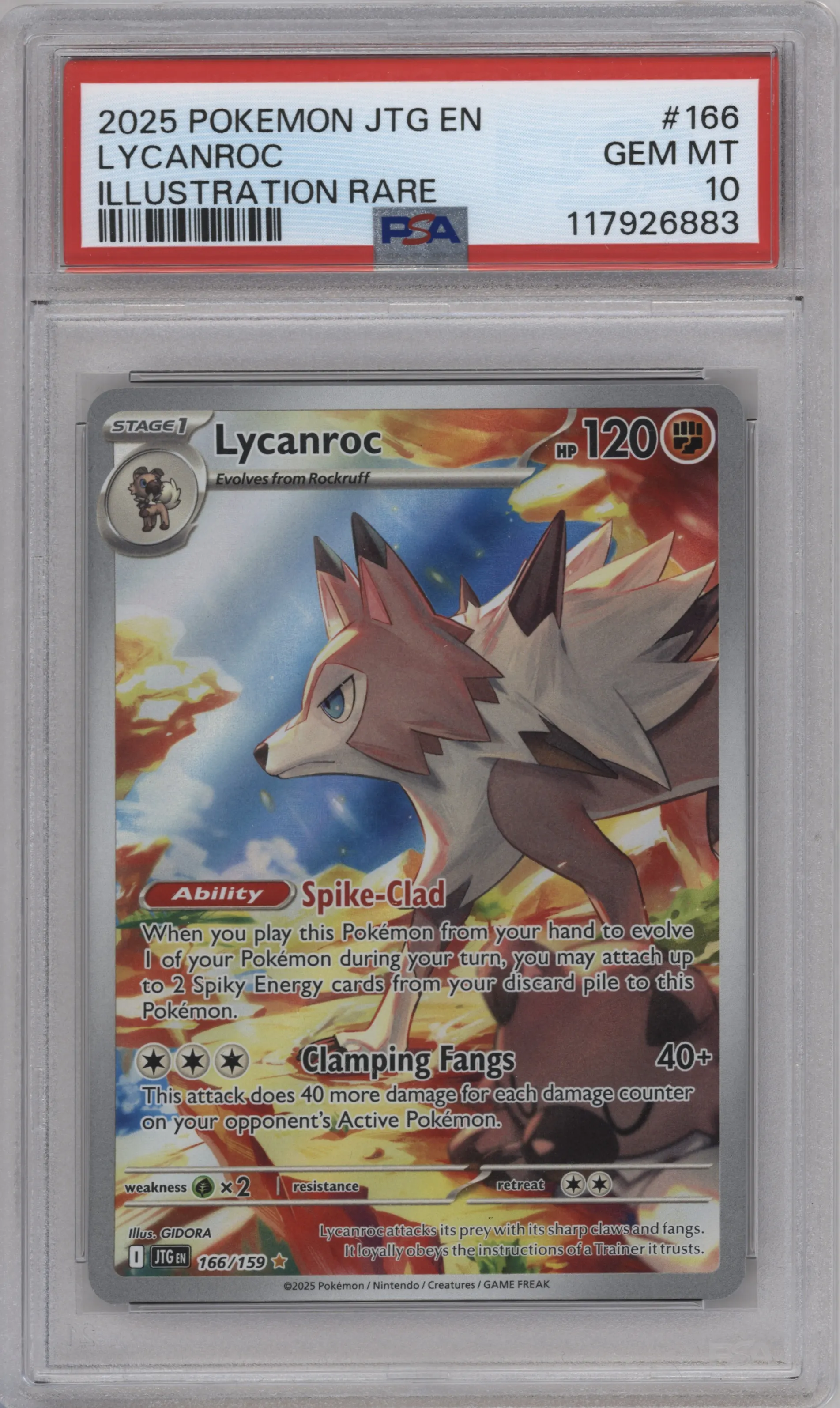 Lycanroc from the 2025 Pokemon SV set graded by PSA and given an overall grade of 10.