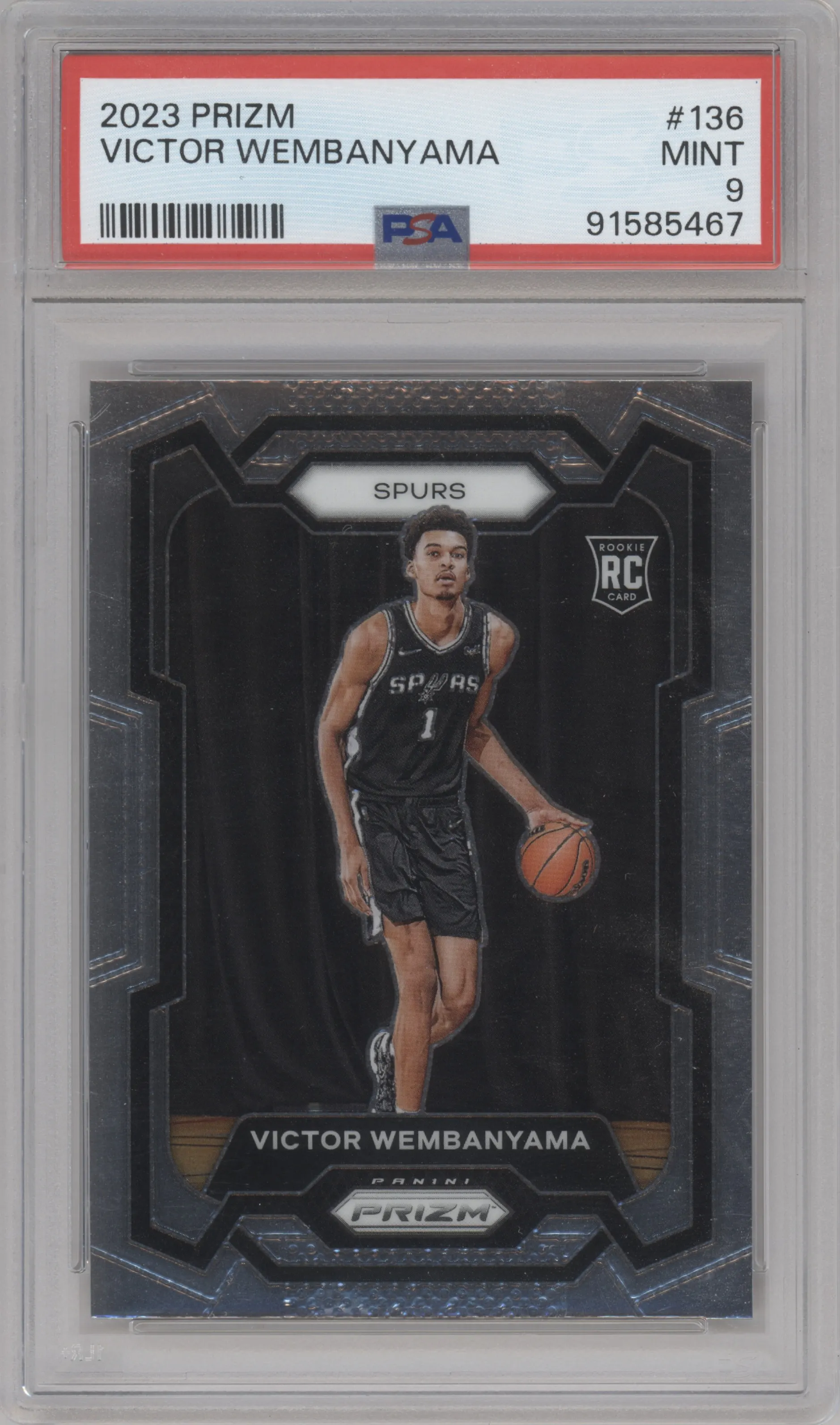 Victor Wembanyama from the 2023-24 Panini Prizm set graded by PSA and given an overall grade of 9.