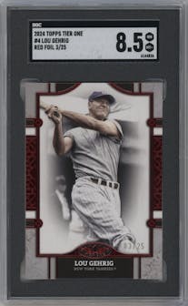 Lou Gehrig from the 2024 Topps Tier One  set featuring a Red Foil parallel graded by SGC and given an overall grade of 8.5.