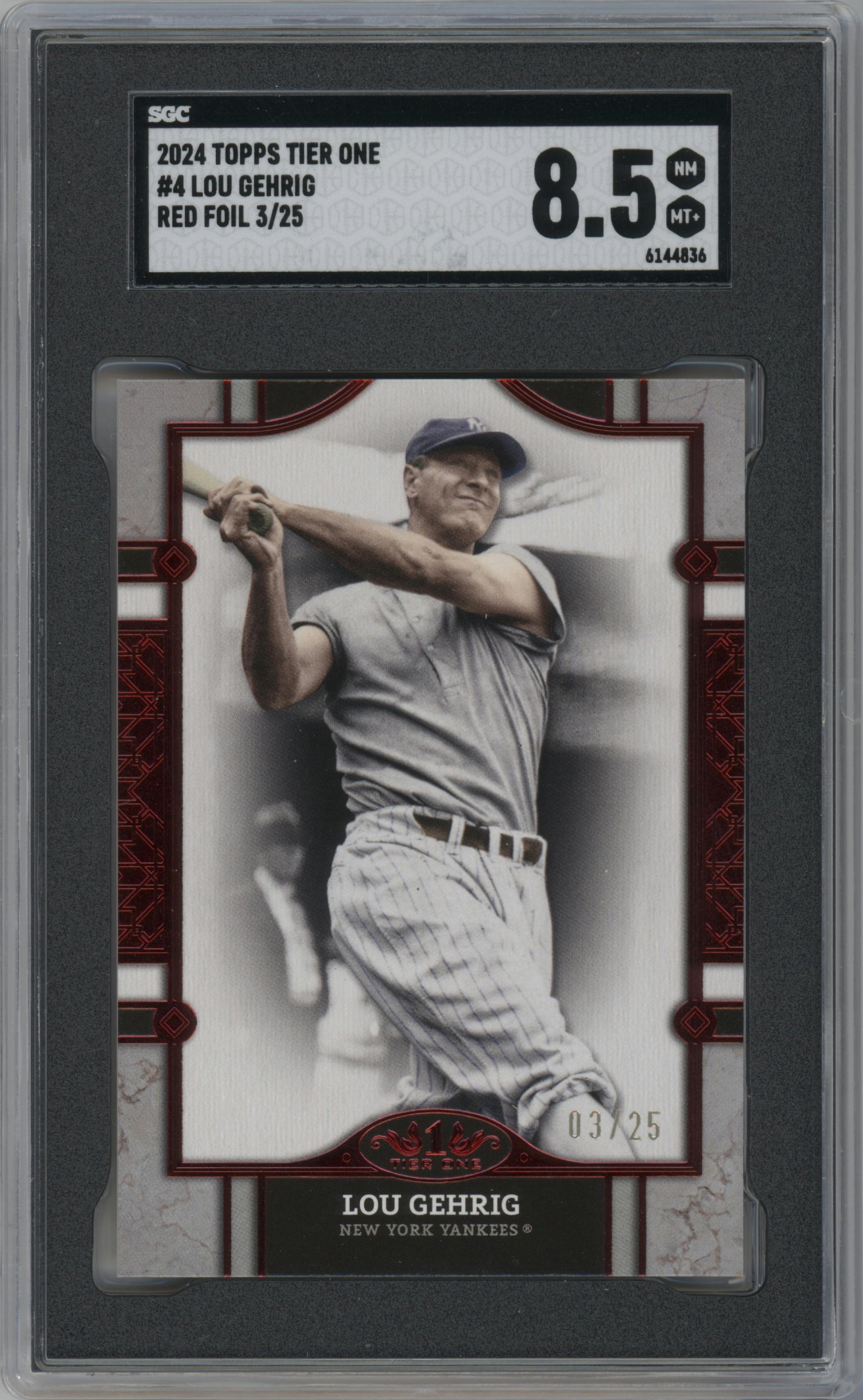 Lou Gehrig from the 2024 Topps Tier One  set featuring a Red Foil parallel graded by SGC and given an overall grade of 8.5.