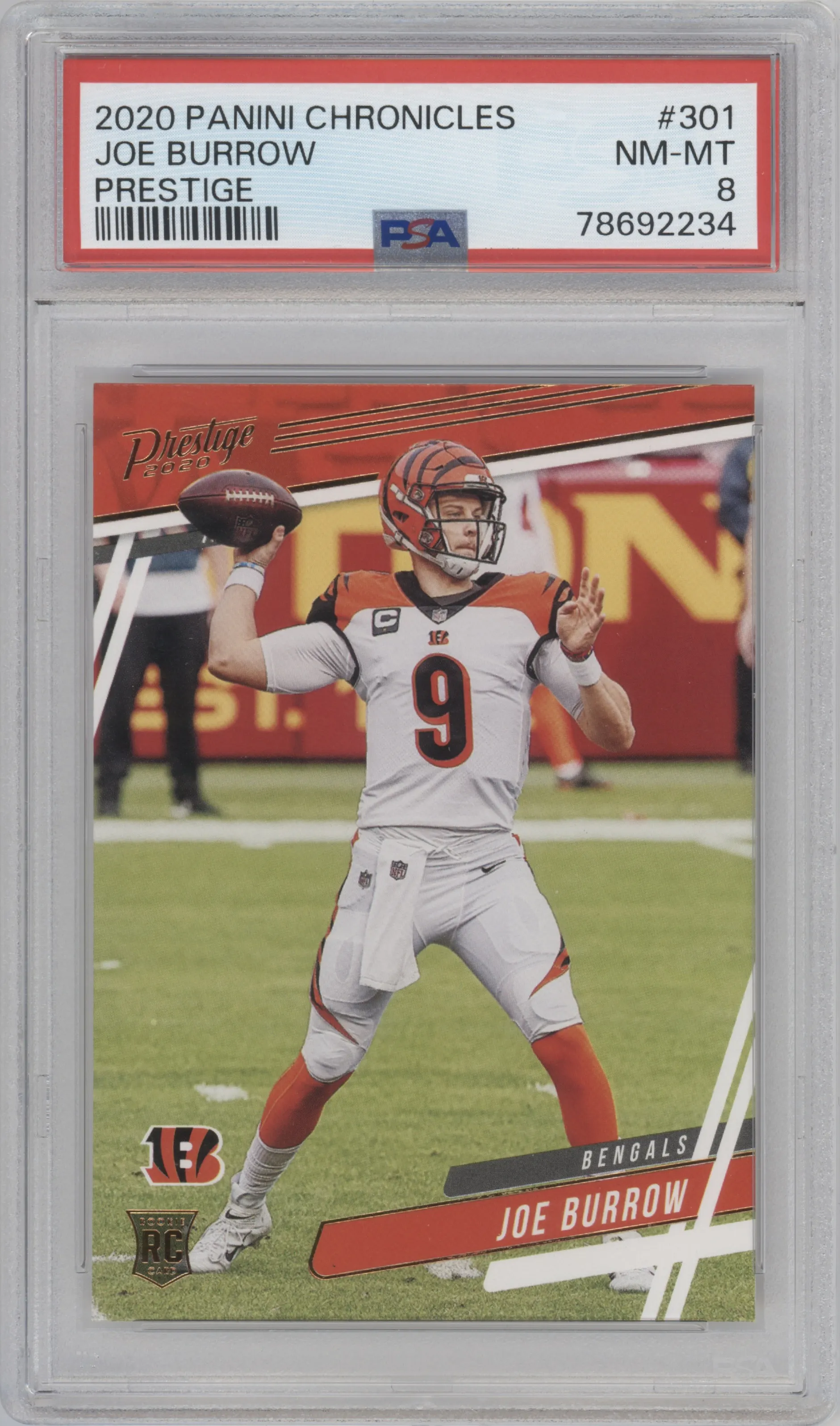 Joe Burrow from the 2020 Panini Chronicles set graded by PSA and given an overall grade of 8.