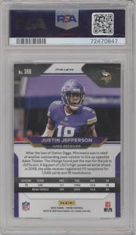 Justin Jefferson from the 2020 Panini Prizm set featuring a No Huddle parallel graded by PSA and given an overall grade of 9.