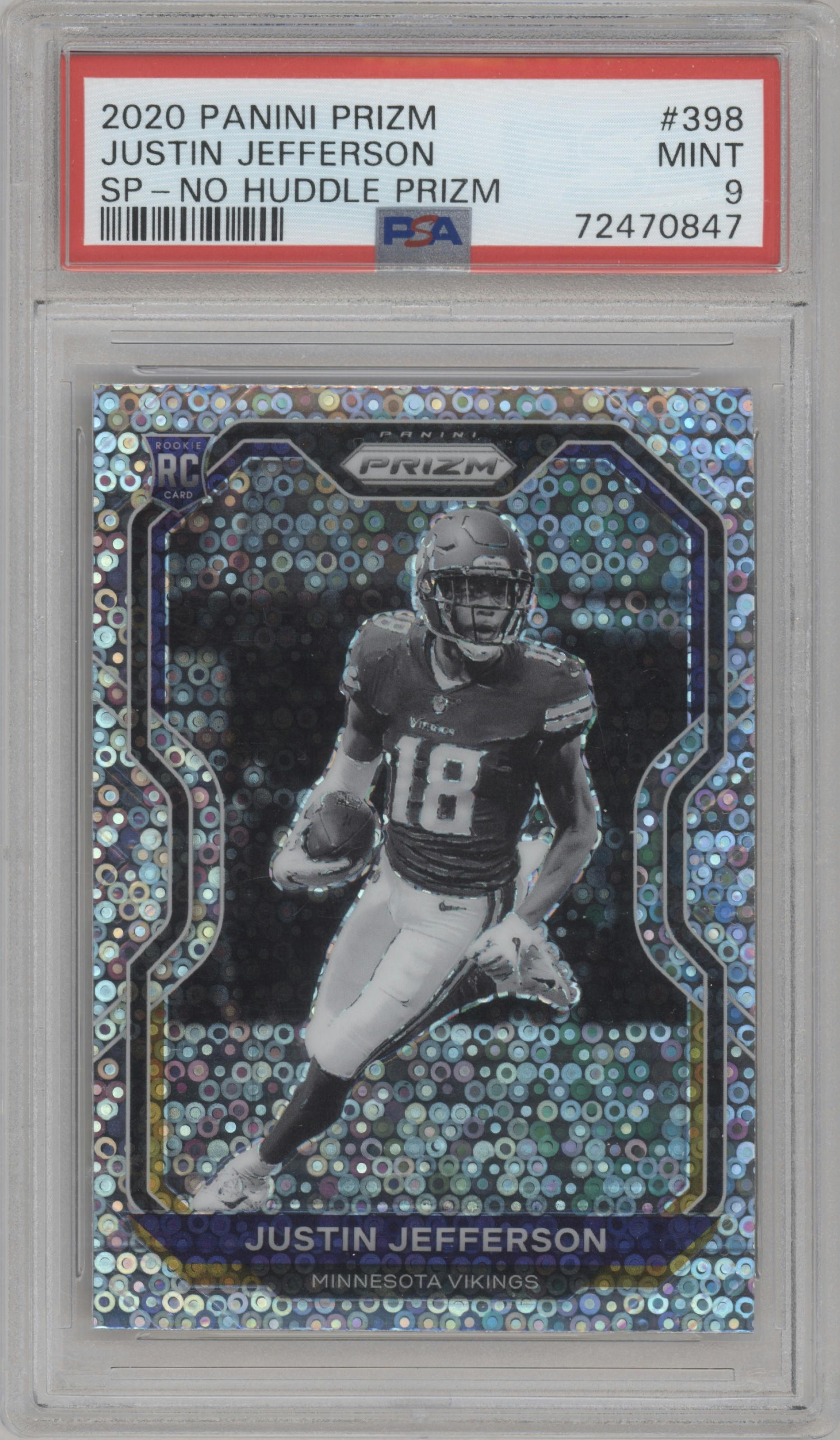 Justin Jefferson from the 2020 Panini Prizm set featuring a No Huddle parallel graded by PSA and given an overall grade of 9.