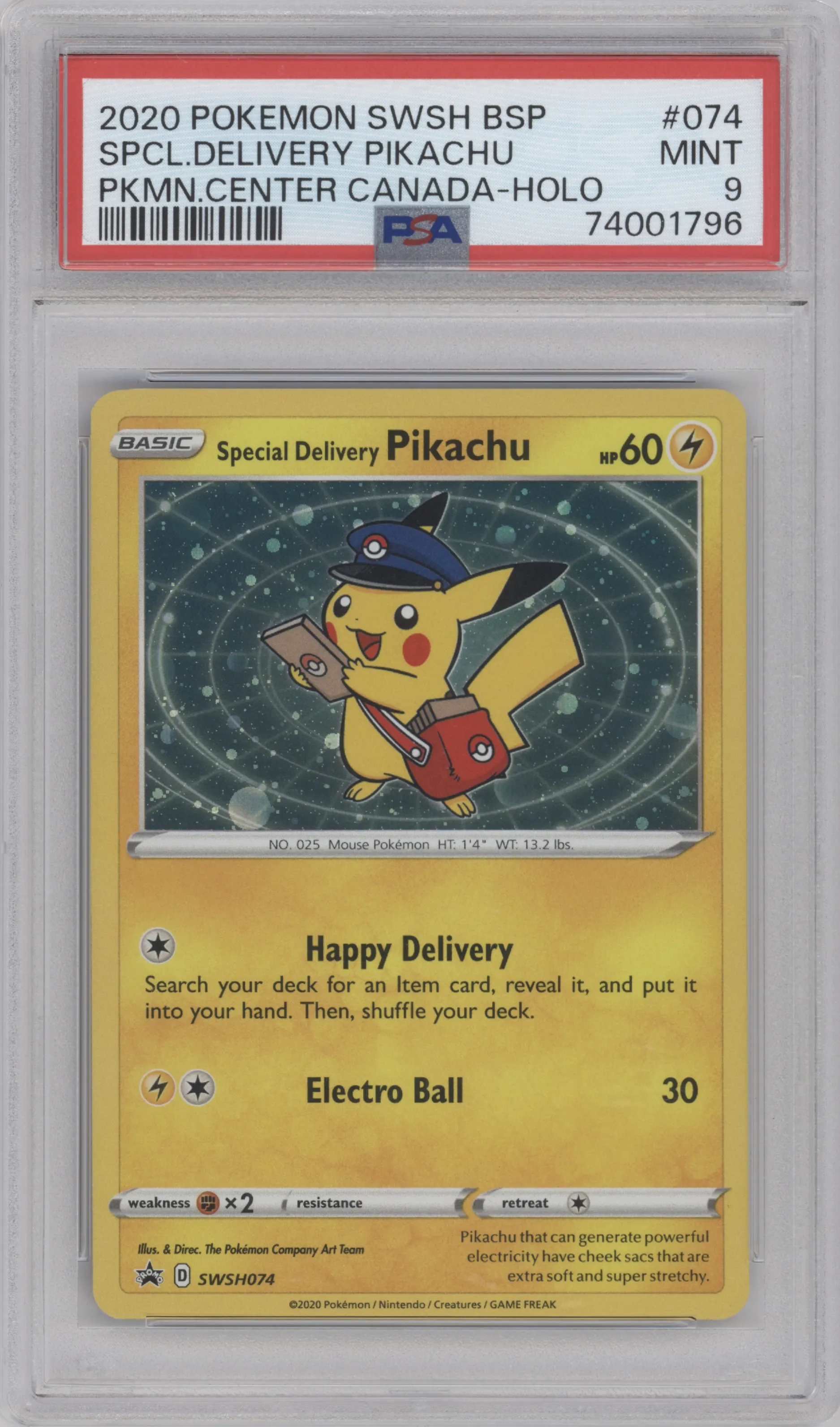 Special Delivery Pikachu from the 2020 Pokemon SWSH set featuring a Pokemon Center US and Canada parallel graded by PSA and given an overall grade of 9.