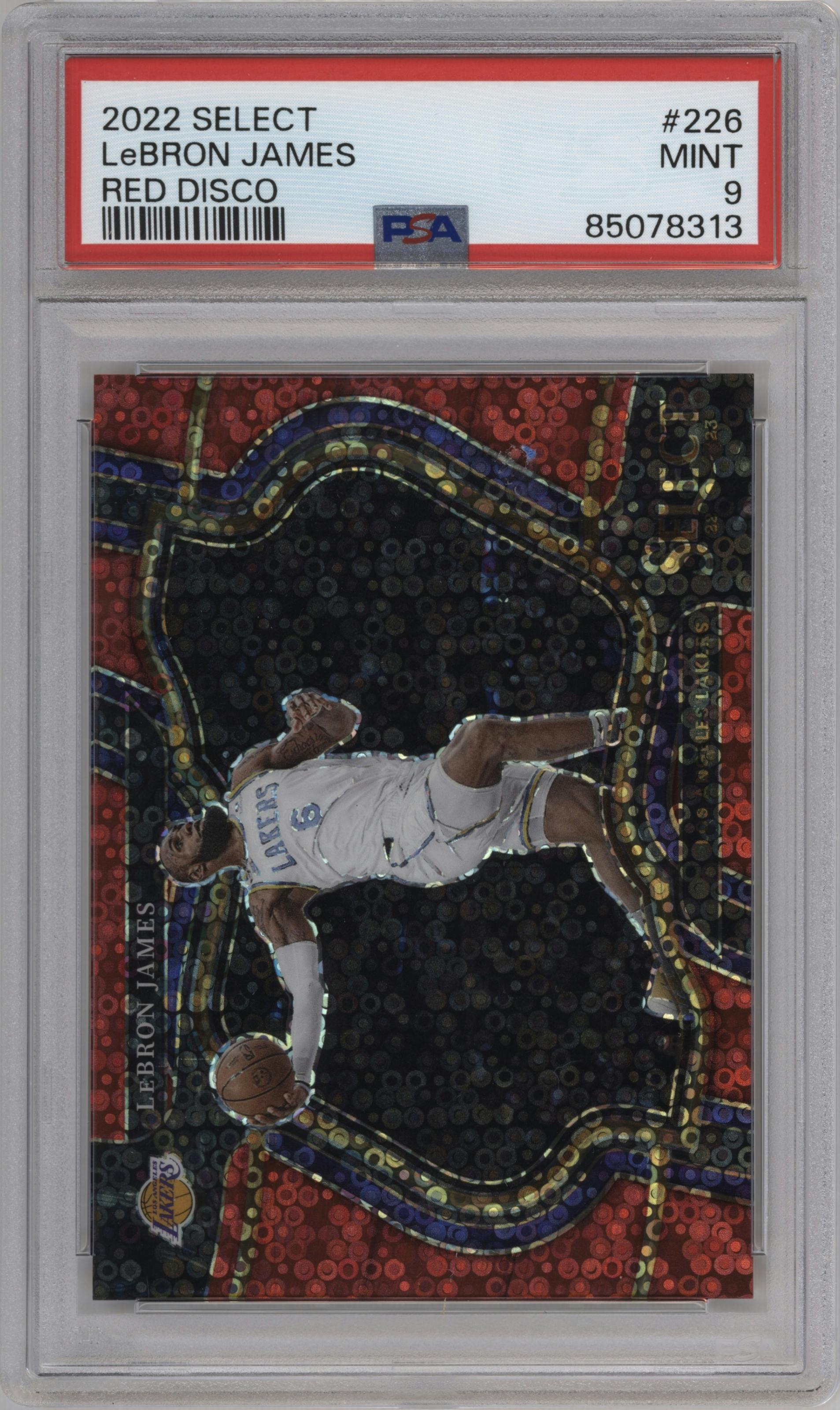  LeBron James  from the 2022-23 Panini Select set featuring a Disco Red parallel graded by PSA and given an overall grade of 9.