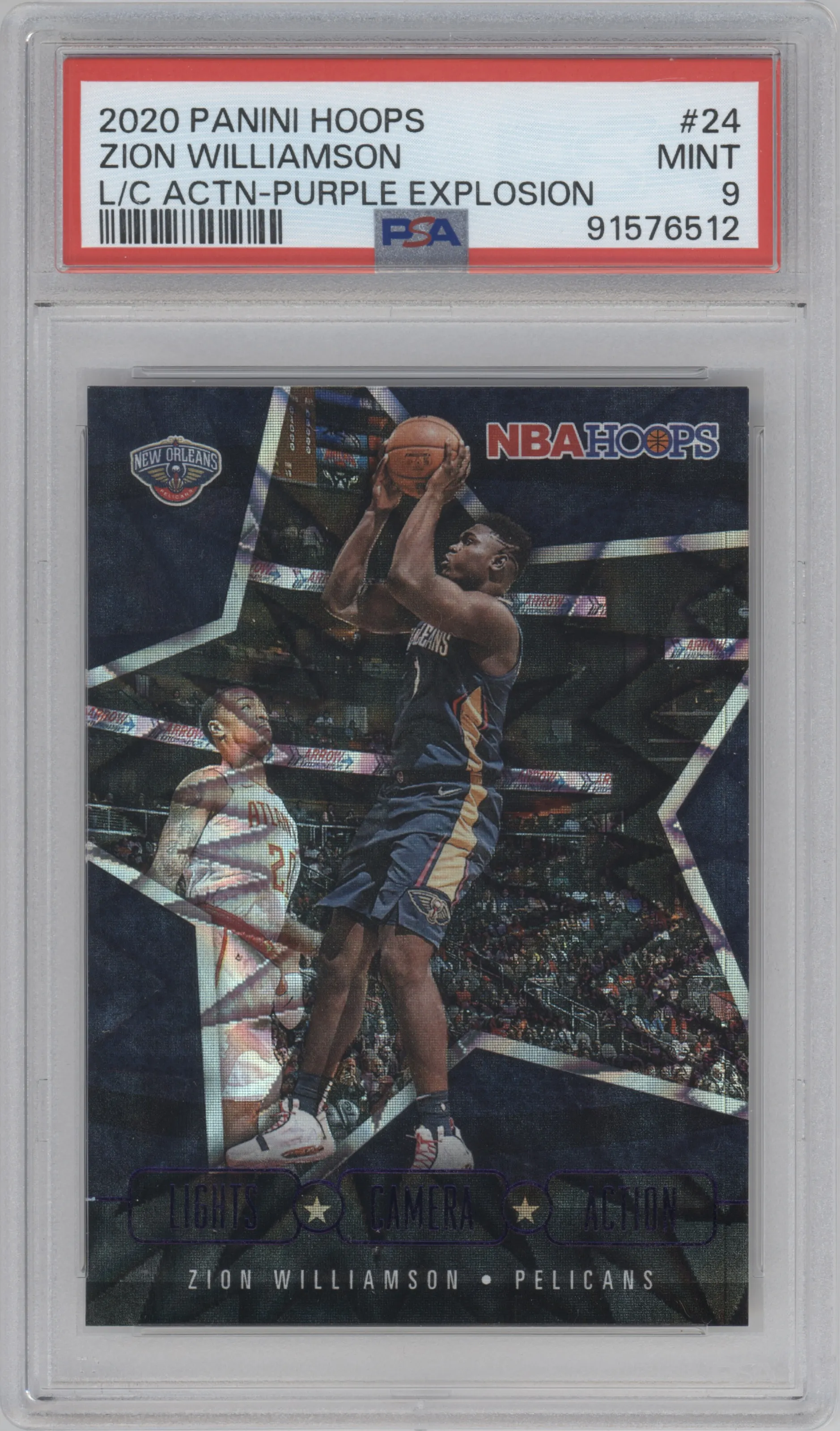 Zion Williamson from the 2020-21 Panini NBA Hoops set featuring a Purple Explosion parallel graded by PSA and given an overall grade of 9.