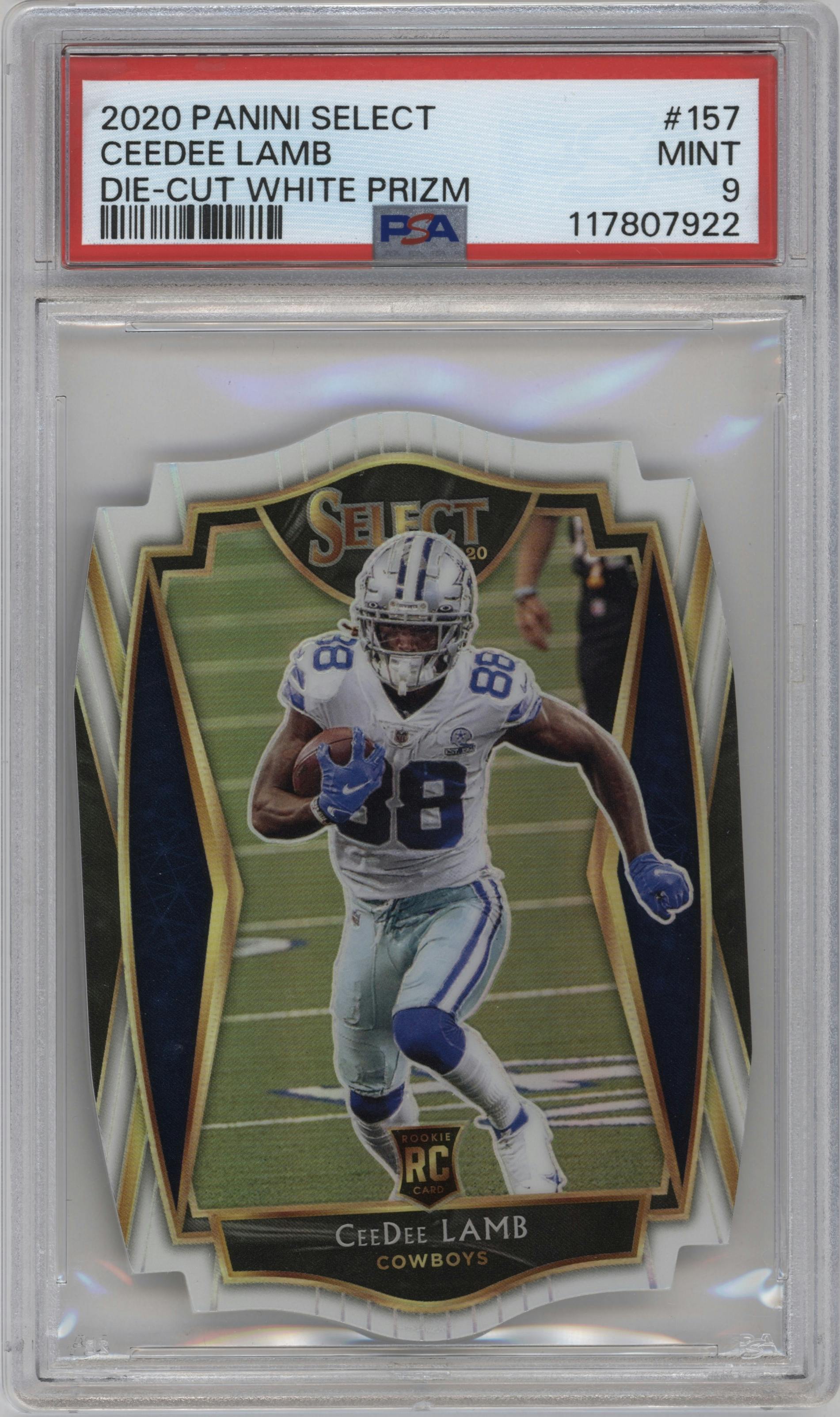 CeeDee Lamb from the 2020 Panini Select set featuring a Die-Cut White  parallel graded by PSA and given an overall grade of 9.