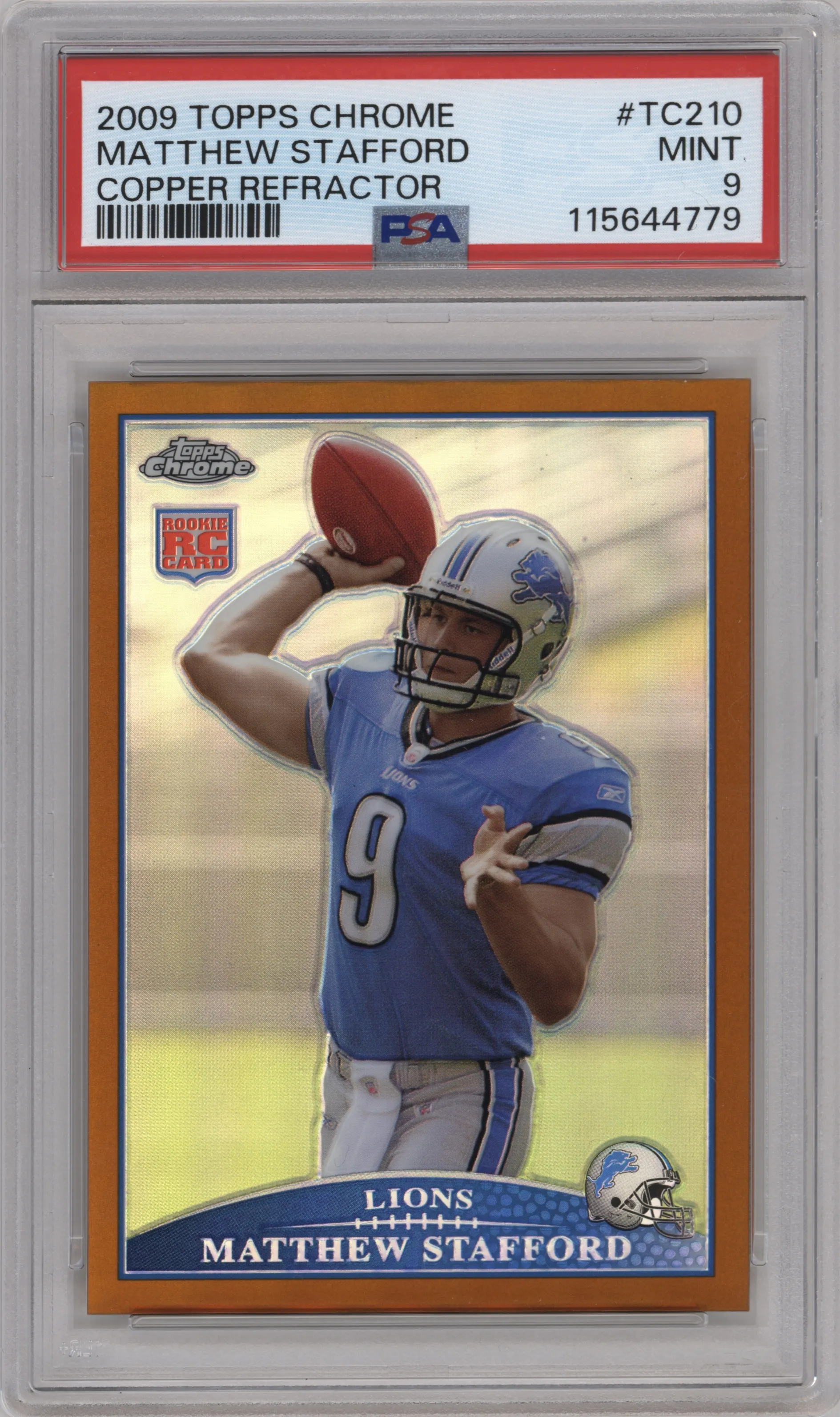 Matthew Stafford from the 2009 Topps Chrome set featuring a Copper Refractor parallel graded by PSA and given an overall grade of 9.