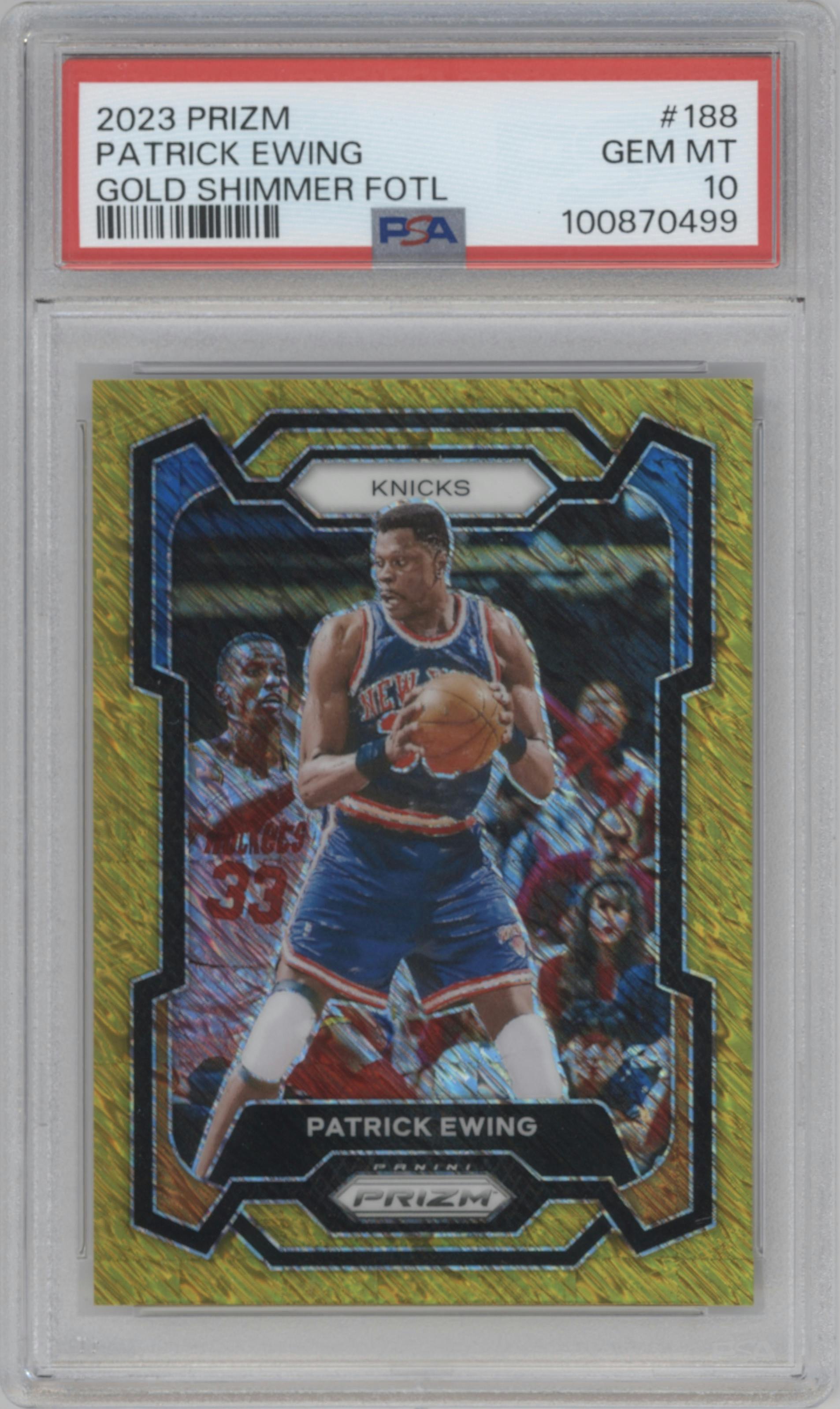Patrick Ewing from the 2023-24 Panini Prizm set featuring a FOTL Gold Shimmer parallel graded by PSA and given an overall grade of 10.