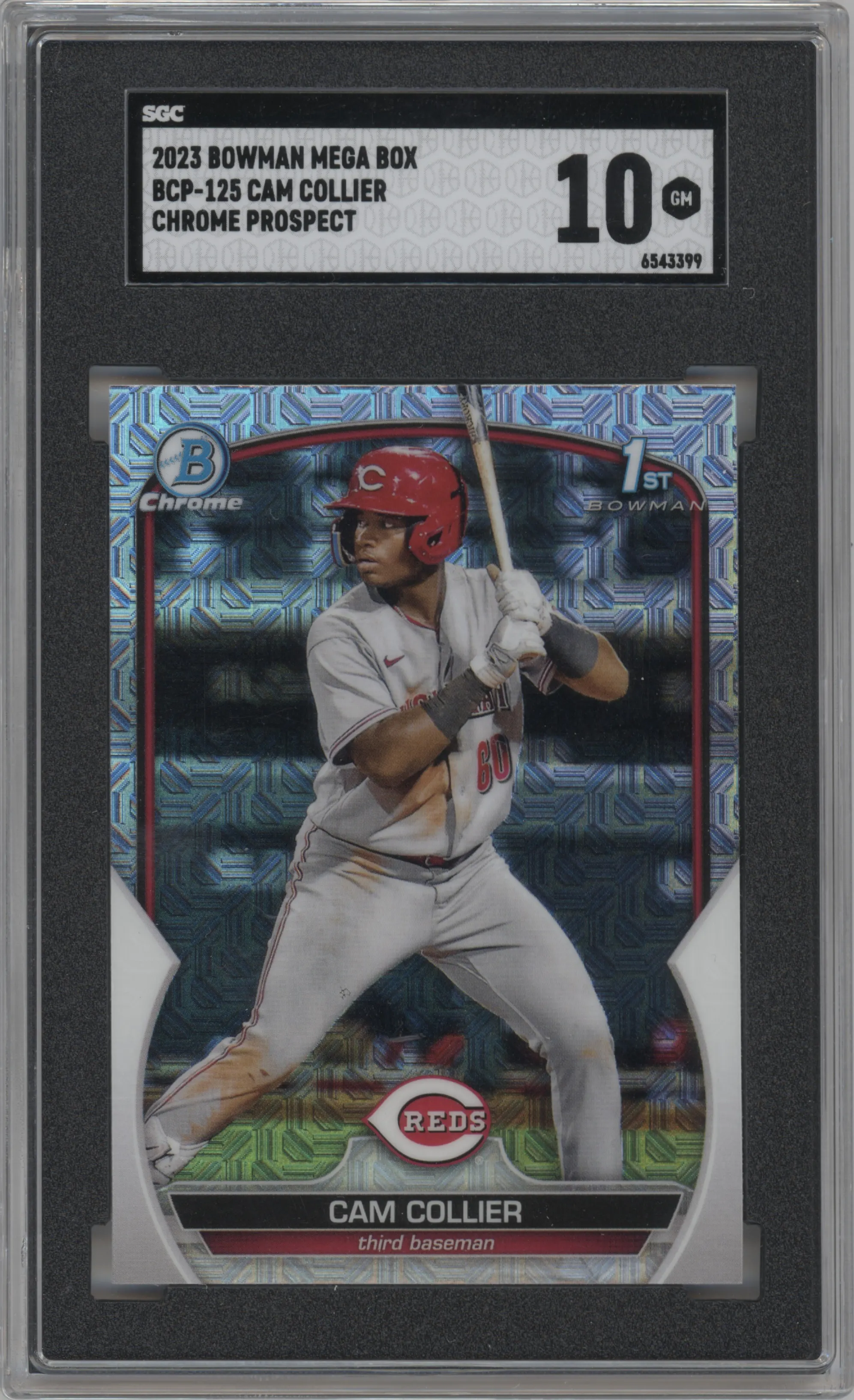Cam Collier from the 2023 Bowman Mega Box set graded by SGC and given an overall grade of 10.