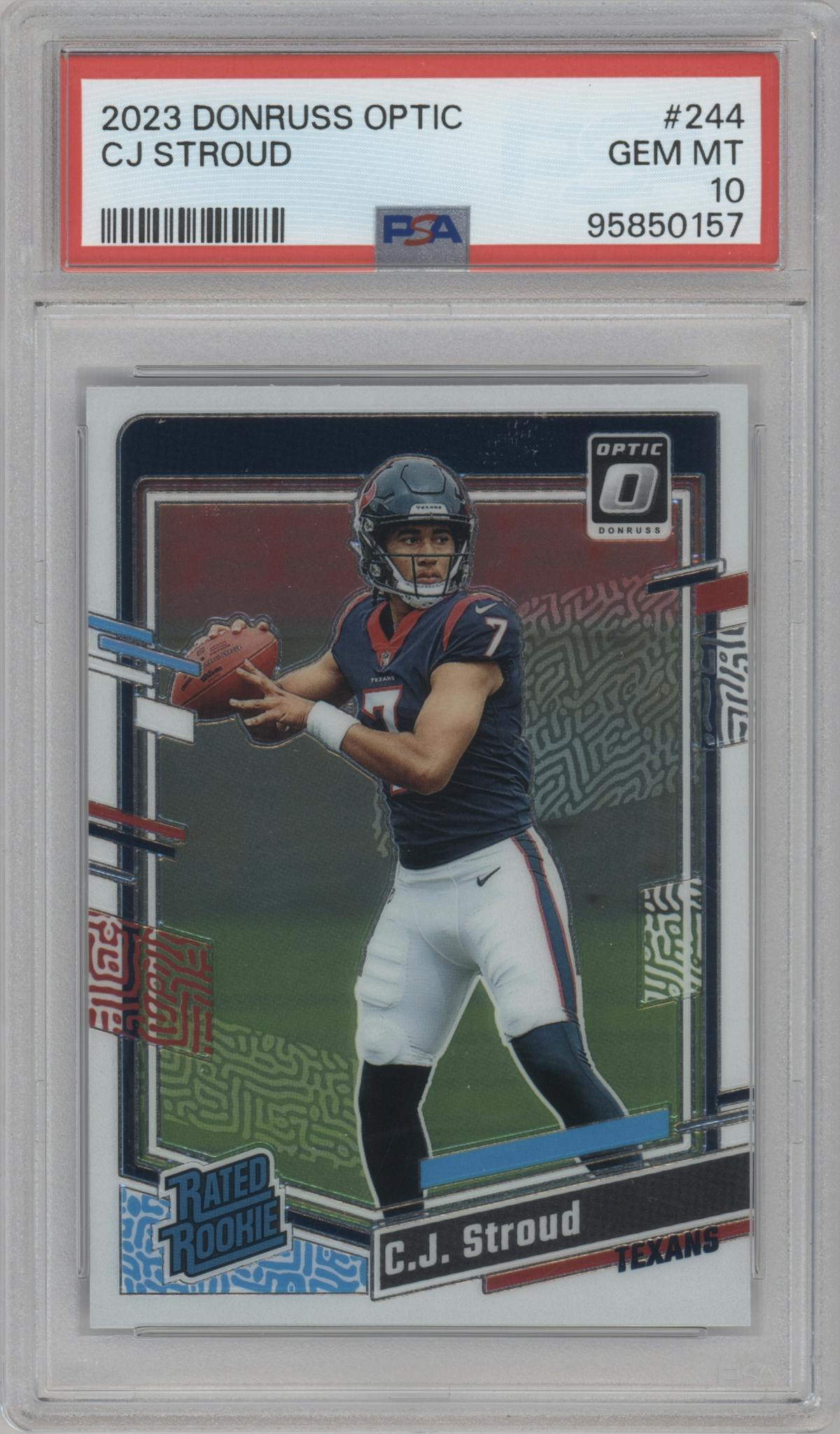 C.J. Stroud from the 2023 Donruss Optic set graded by PSA and given an overall grade of 10.