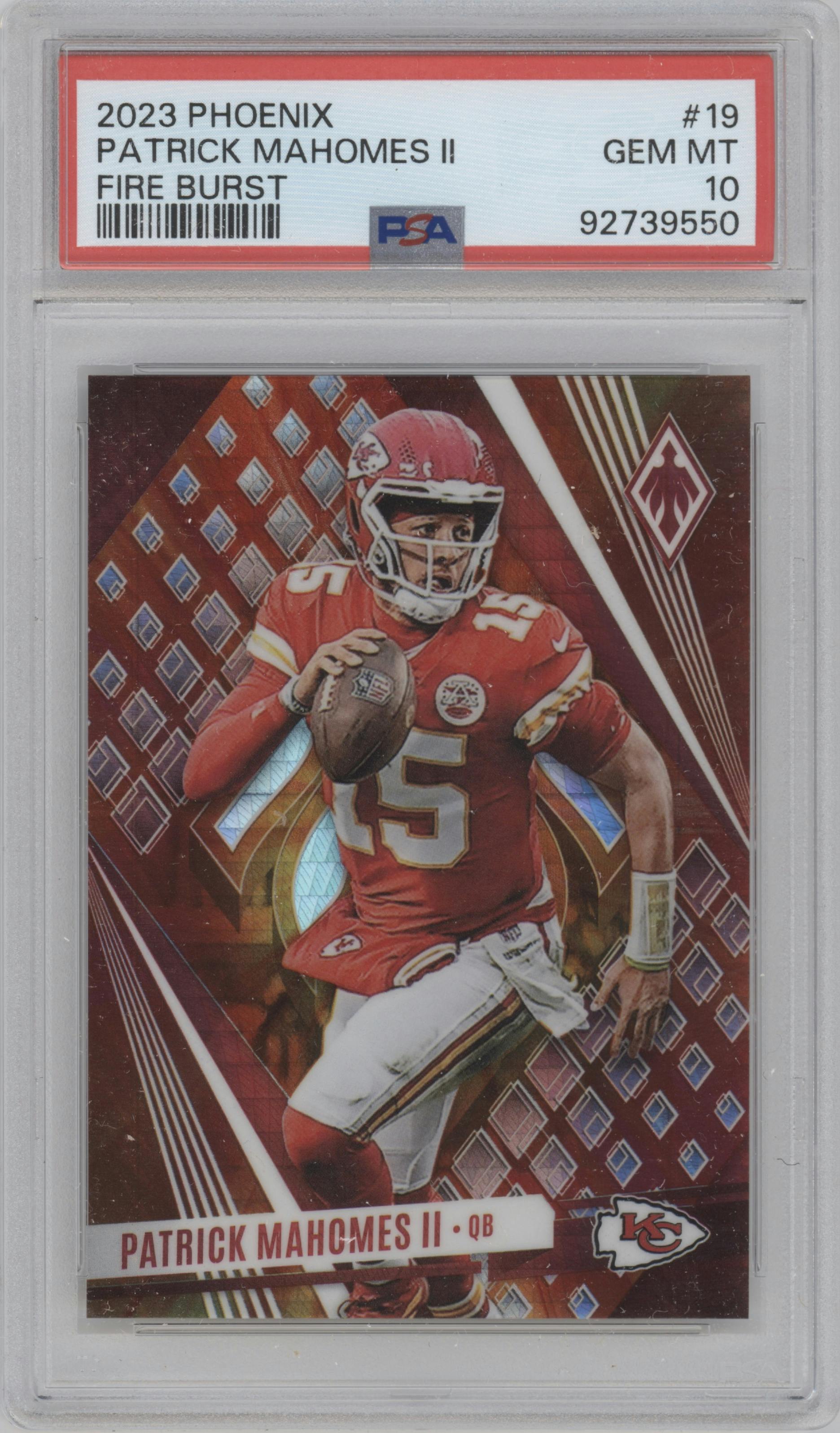 Patrick Mahomes II from the 2023 Panini Phoenix set featuring a Fire Burst parallel graded by PSA and given an overall grade of 10.