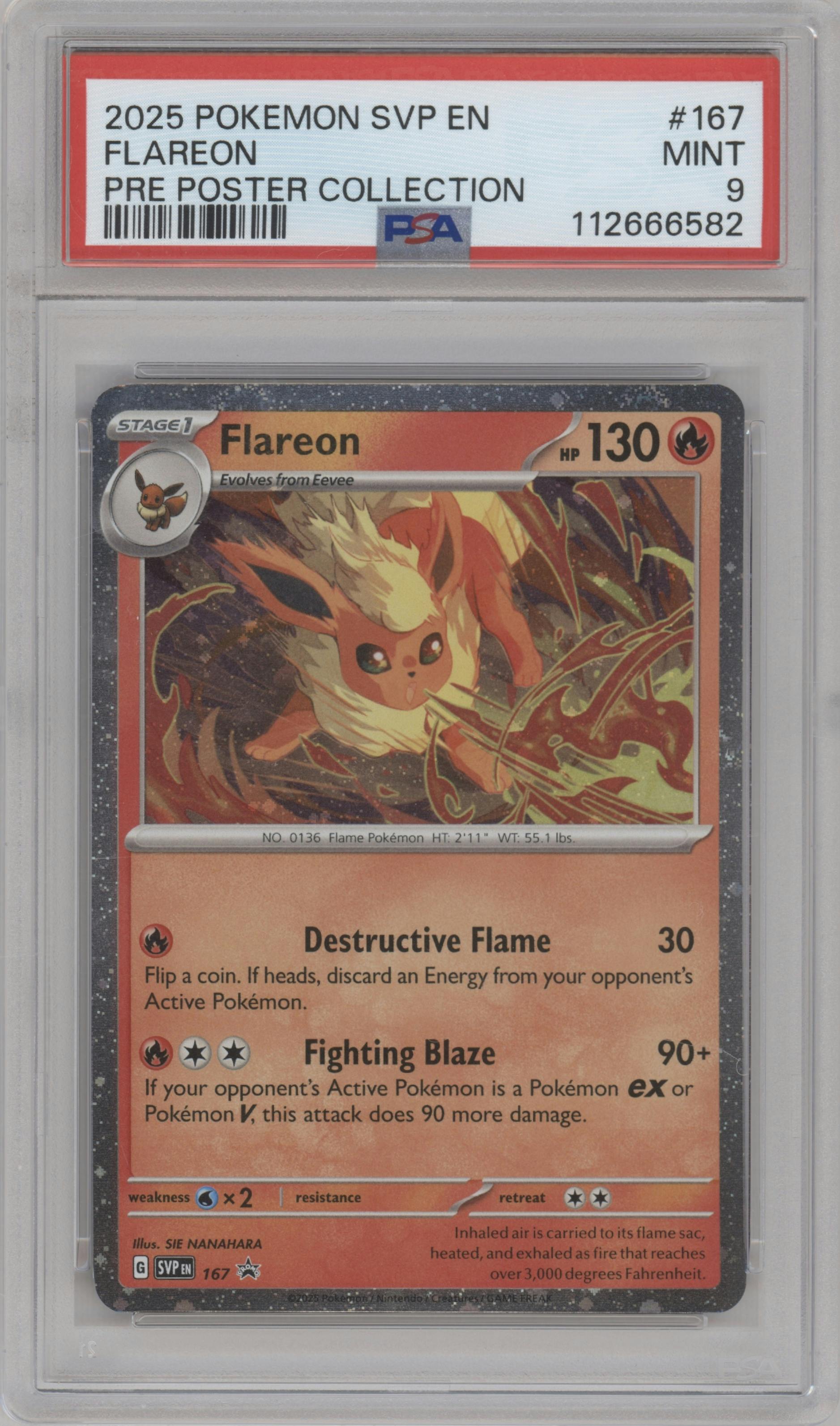 Flareon from the 2025 Pokemon SV set featuring a Prismatic Evolutions Poster Collection parallel graded by PSA and given an overall grade of 9.