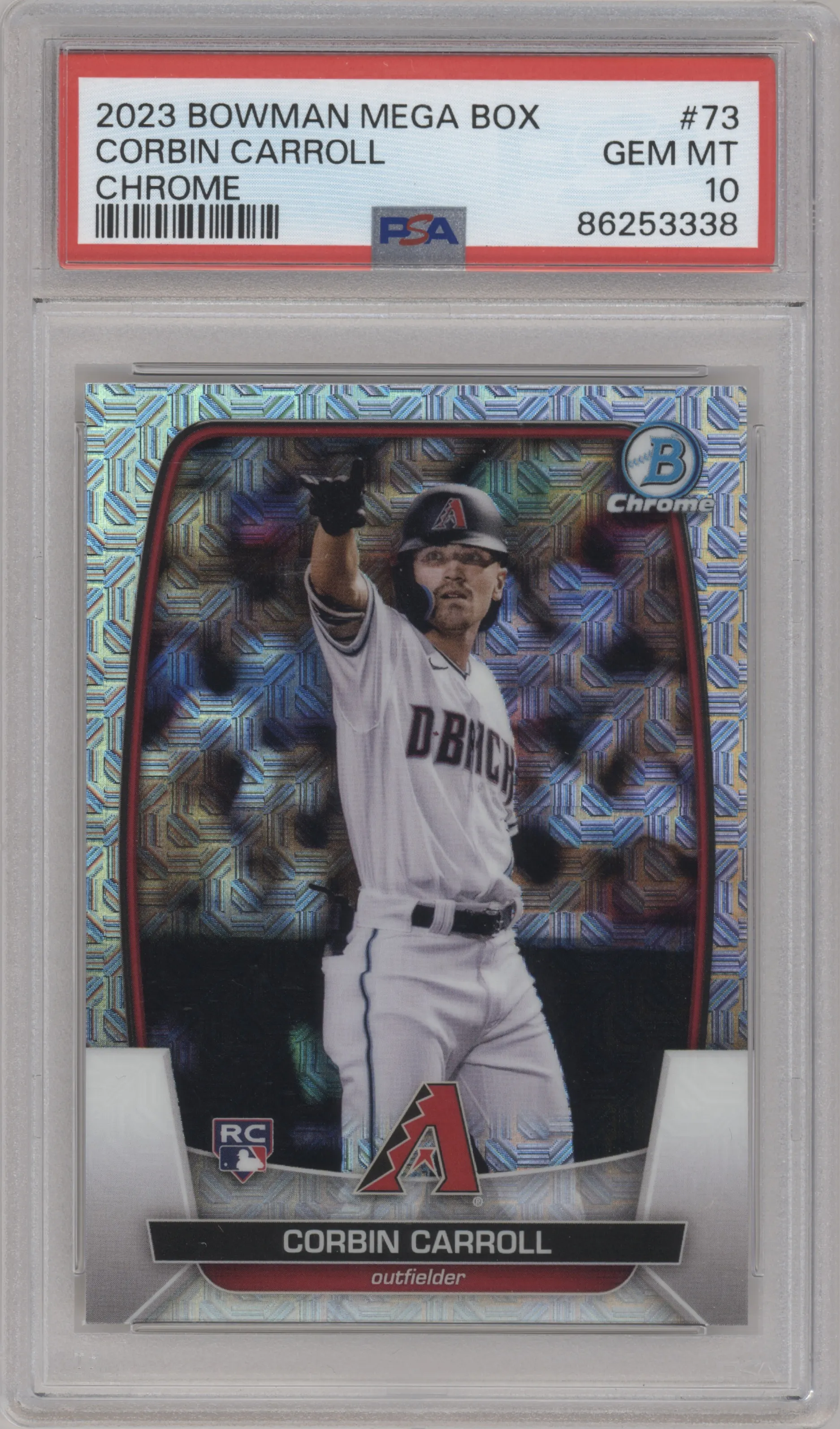 Corbin Carroll from the 2023 Bowman Mega Box set graded by PSA and given an overall grade of 10.